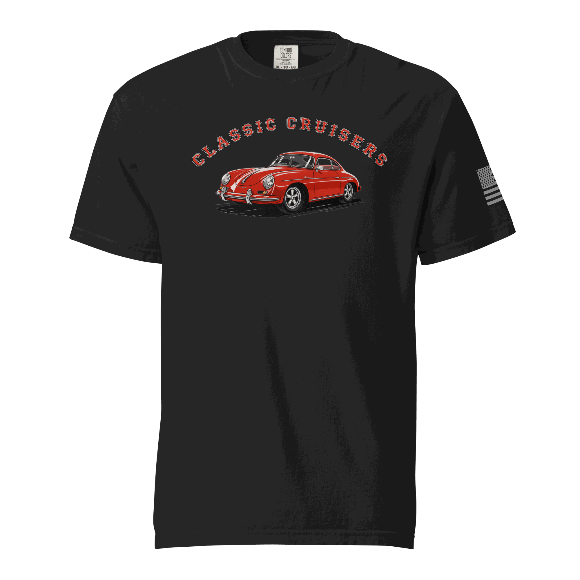 Varsity Sports Car black heavyweight cotton t-shirt with red classic cruiser car graphic and American flag sleeve patch