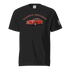 Black Varsity Sports Car t-shirt with red classic cruiser car graphic on front and American flag on sleeve, made of heavyweight cotton