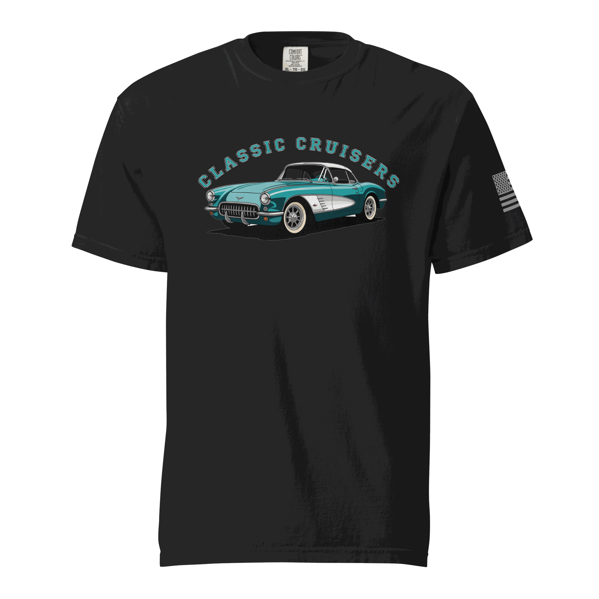 Classic T-Shirt black soft cotton tee with vintage car graphic and American flag patch on sleeve