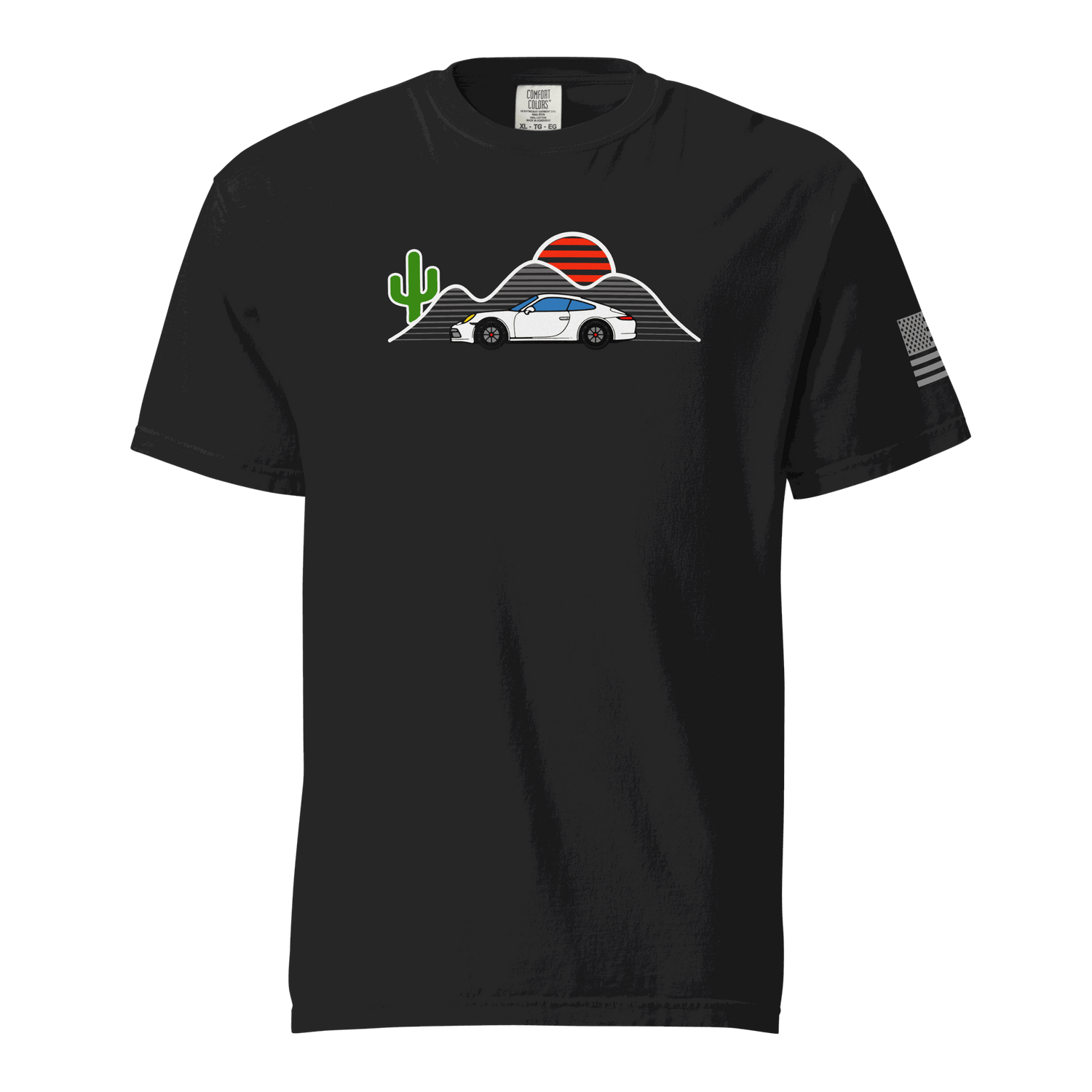 Black Sunset Sports Car T-Shirt with vintage car, red sun, cactus, and mountain graphic on front and American flag on sleeve