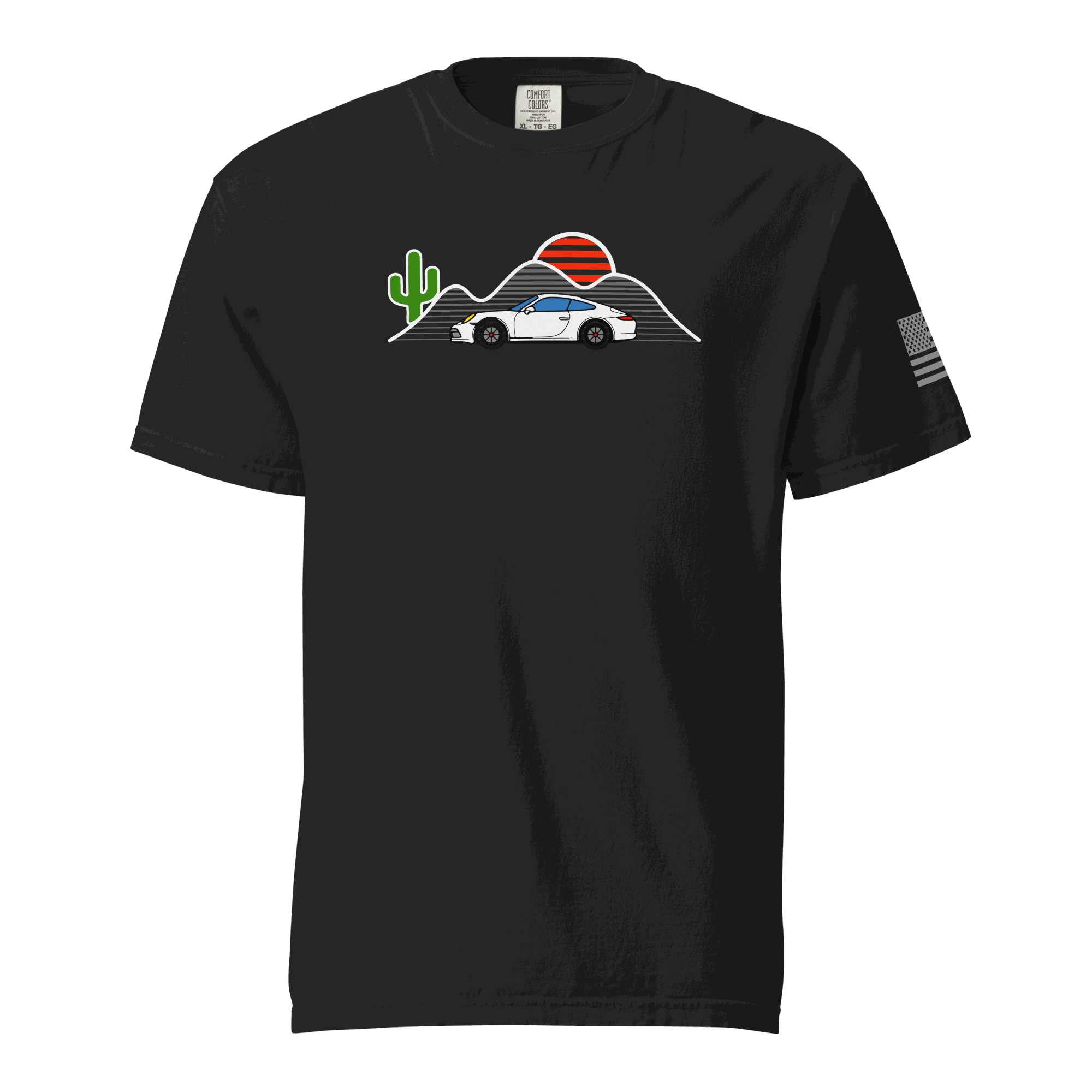 Black Sunset Sports Car T-Shirt with vintage car, red sun, cactus, and mountain graphic on front and American flag on sleeve