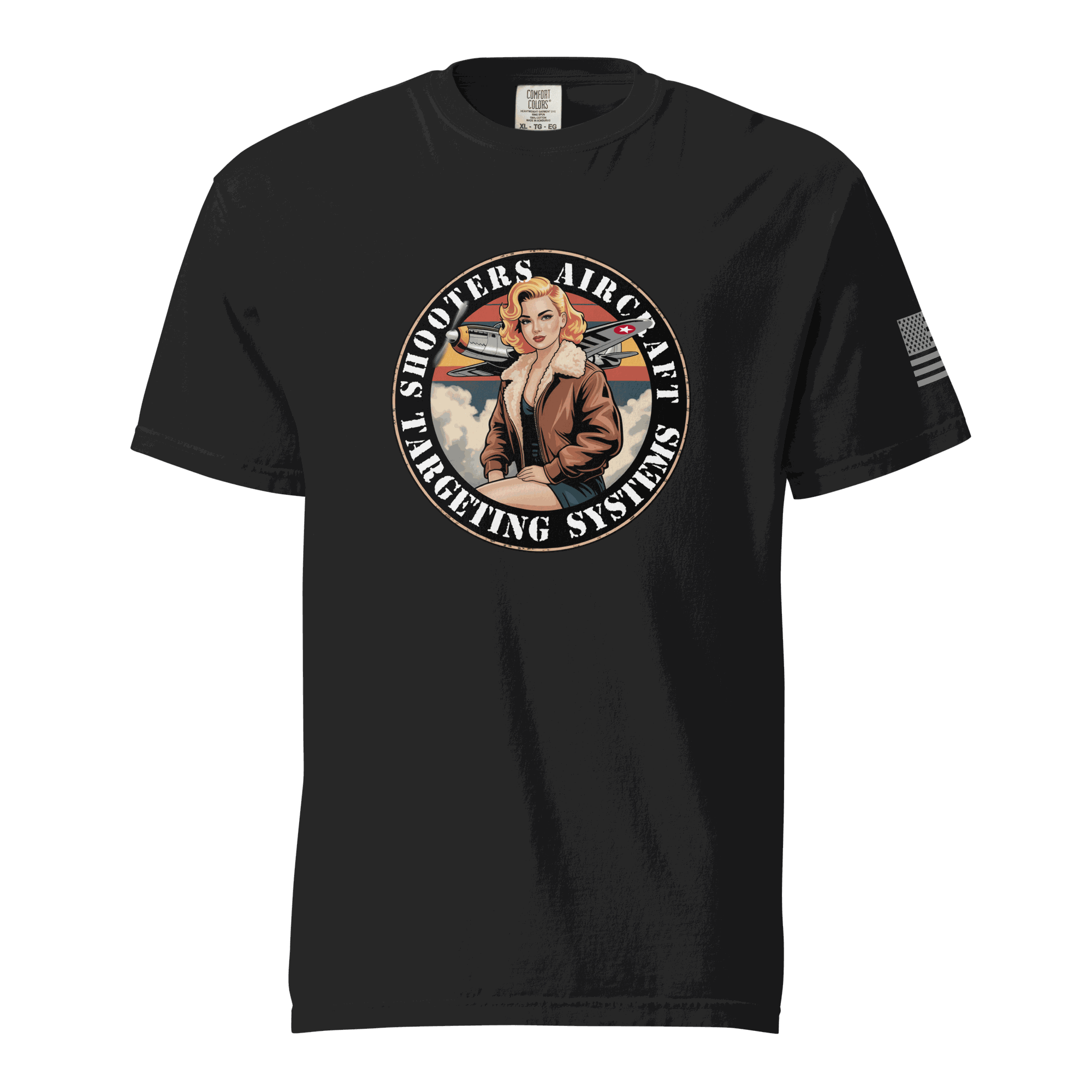 Black Tactical Shooting T-Shirt with vintage pilot graphic and American flag on sleeve, made of heavyweight cotton for durability and comfort