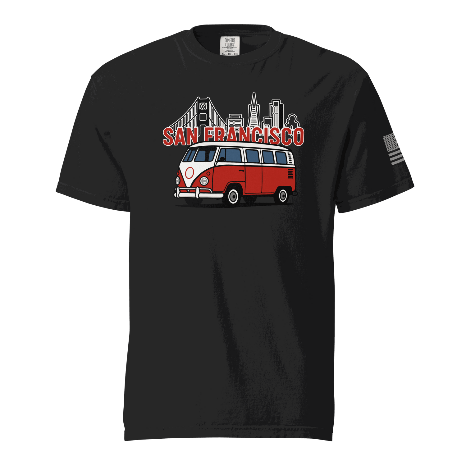 Vintage San Francisco black t-shirt with red and white classic van and city skyline design