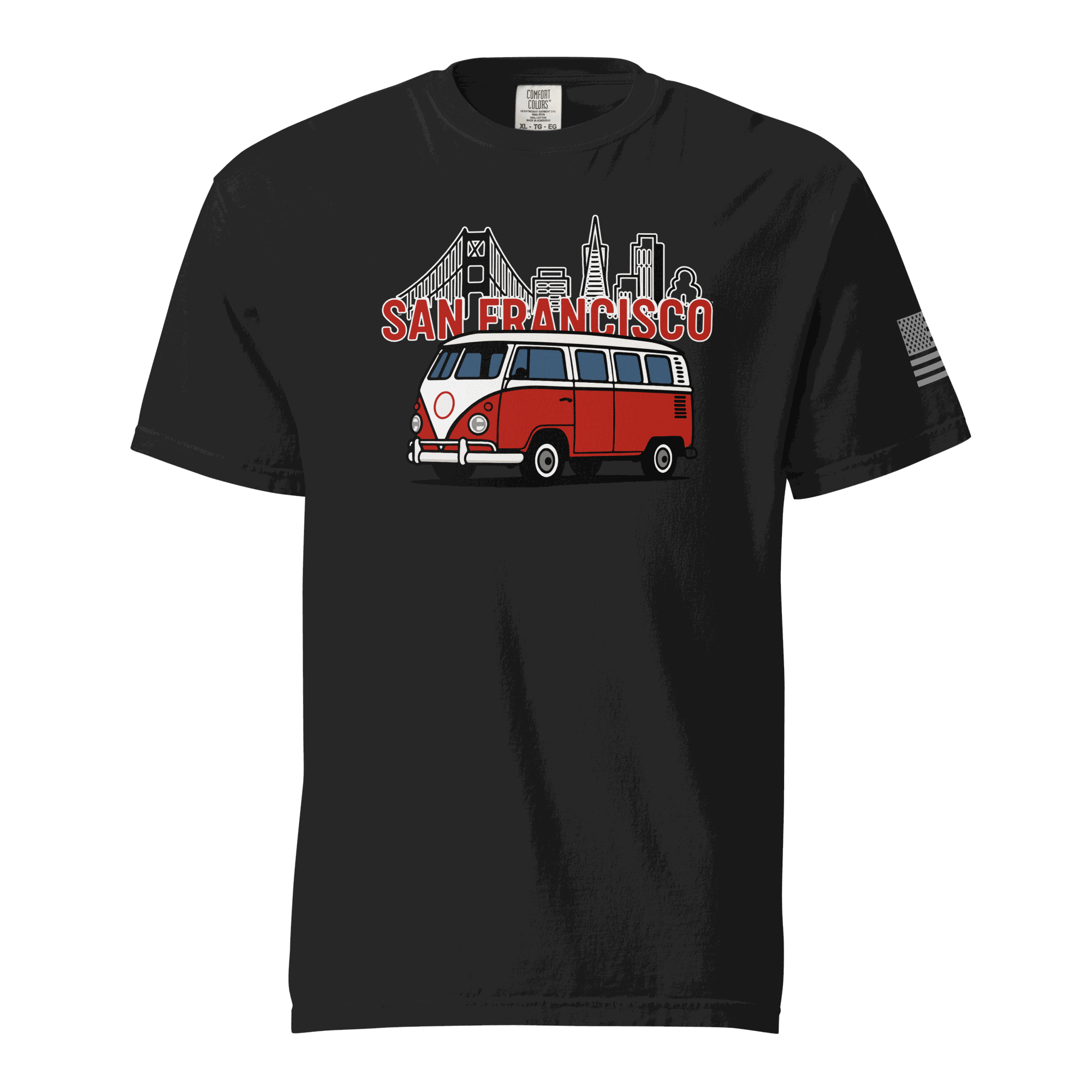 Black Vintage San Francisco T-shirt featuring a red and white classic van with city skyline and Golden Gate Bridge design