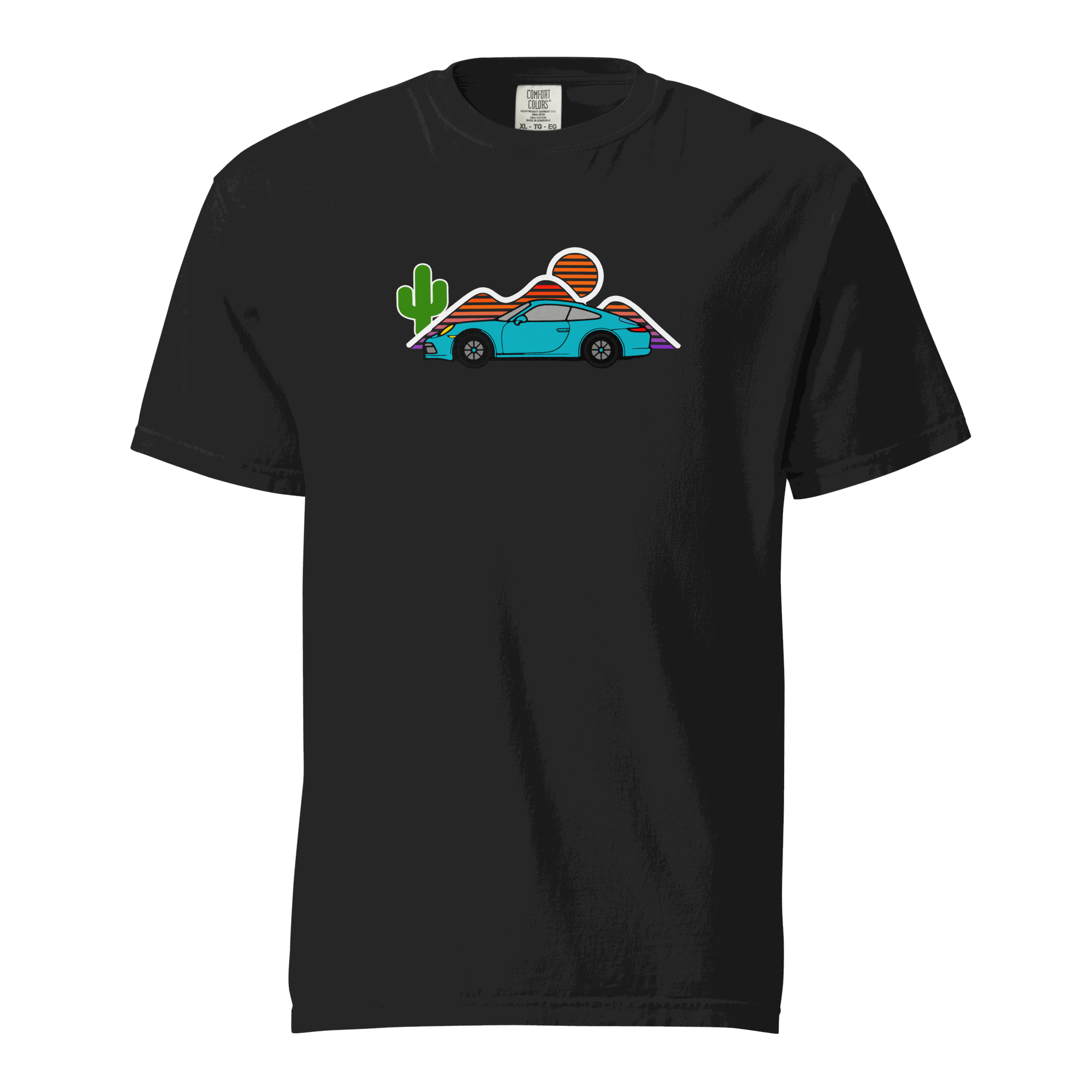 Black t-shirt with sports car sunset graphic featuring a blue car, colorful mountains, cactus, and setting sun illustration.