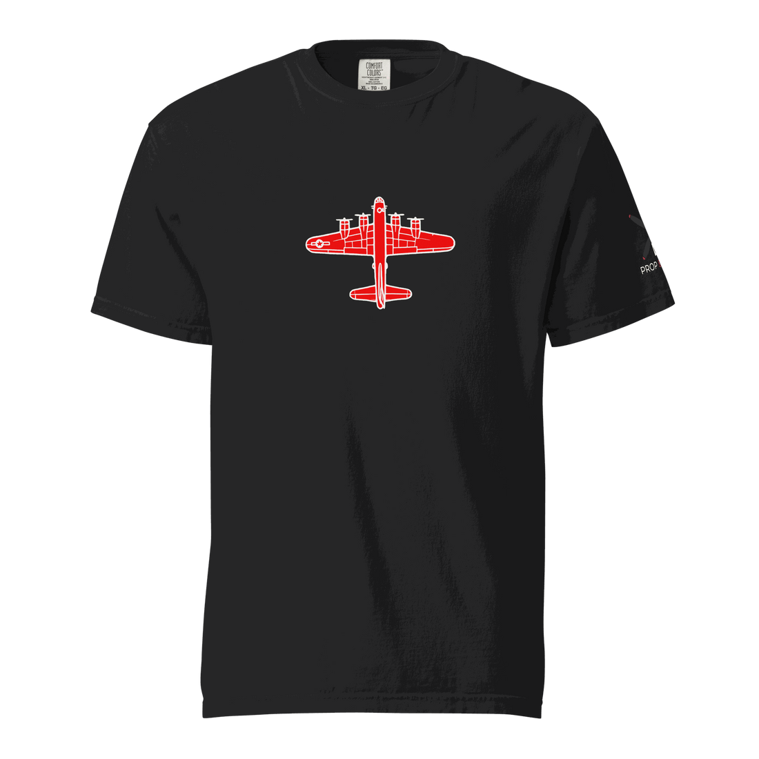 WW2 T-shirt Black thick structured tee with red bomber airplane graphic, 100% ring-spun cotton, relaxed fit