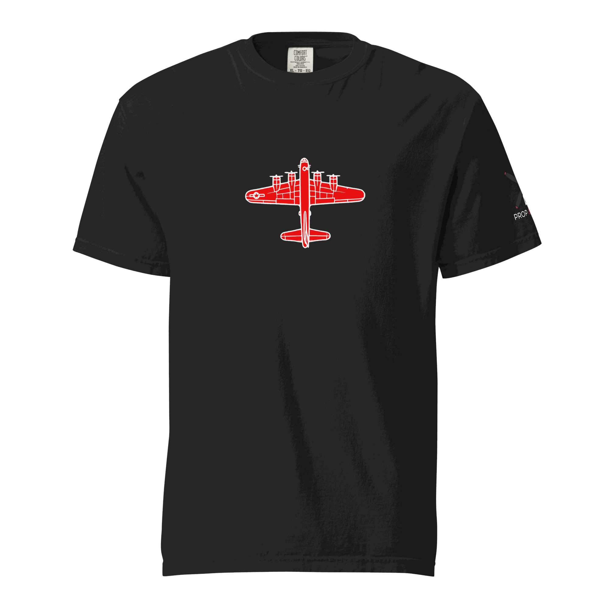 WW2 T-shirt Black thick structured tee with red bomber airplane graphic, 100% ring-spun cotton, relaxed fit