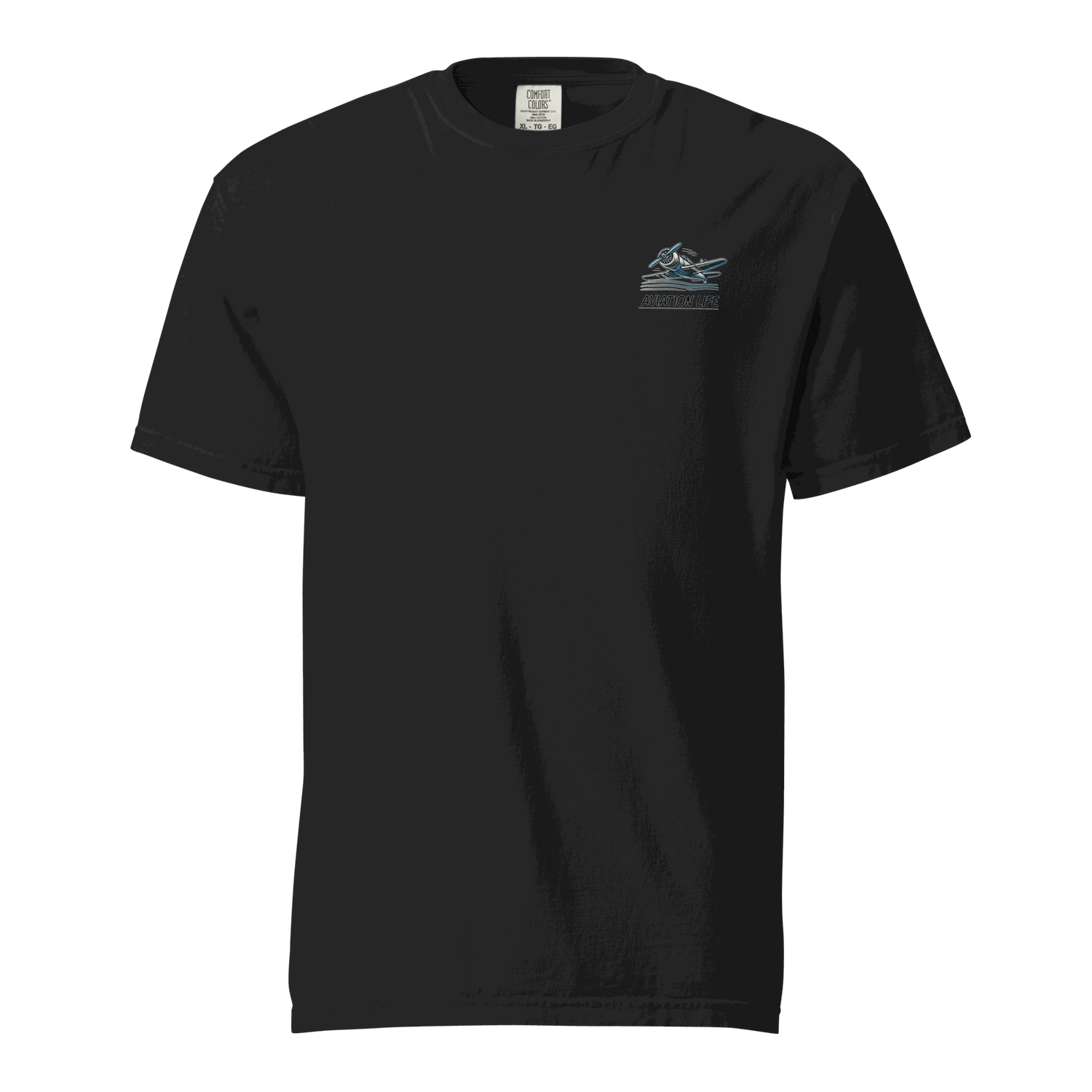 Black heavyweight ring-spun cotton t-shirt with female wings helmet graphic on chest