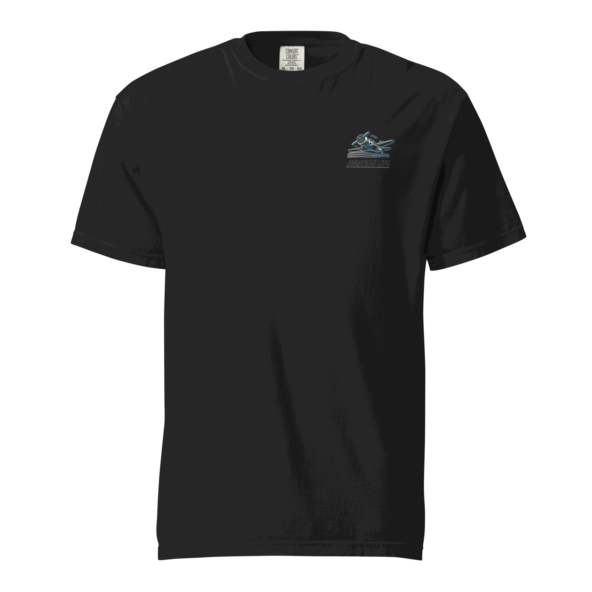 Black heavyweight cotton t-shirt with female wings helmet graphic on chest