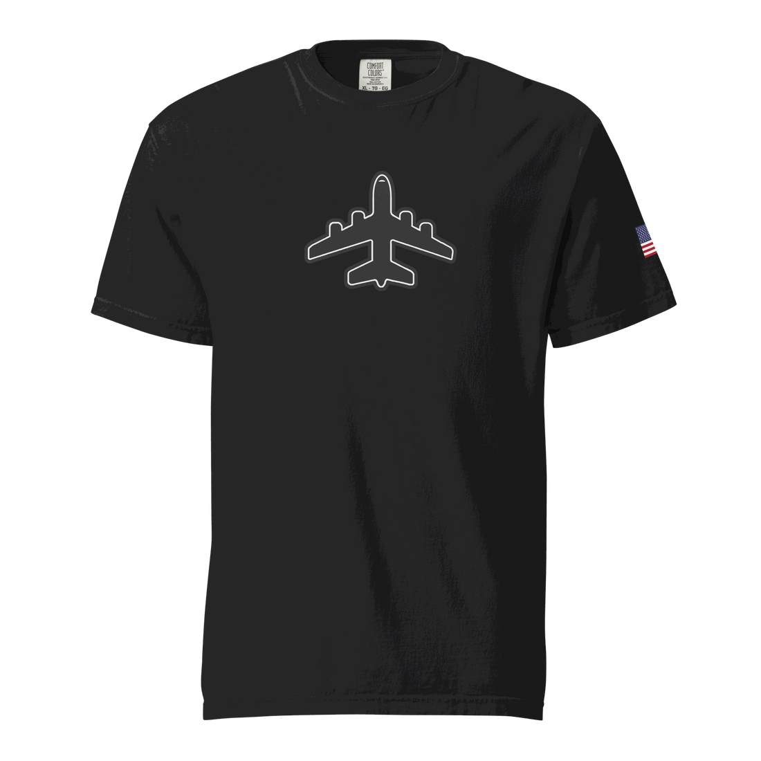 Jumbo Jet Unisex black heavyweight garment-dyed t-shirt with airplane graphic and American flag patch on sleeve