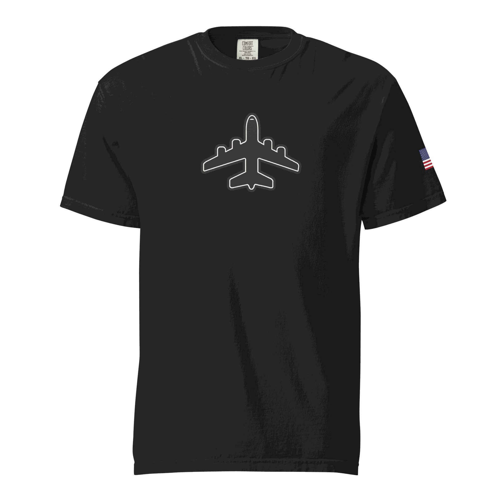 Black Jumbo Jet unisex garment-dyed heavyweight cotton t-shirt with airplane graphic and American flag patch on sleeve