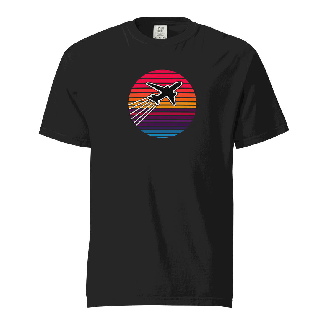 Unisex black Sunset Flight heavyweight cotton t-shirt with retro airplane and sunset stripe design