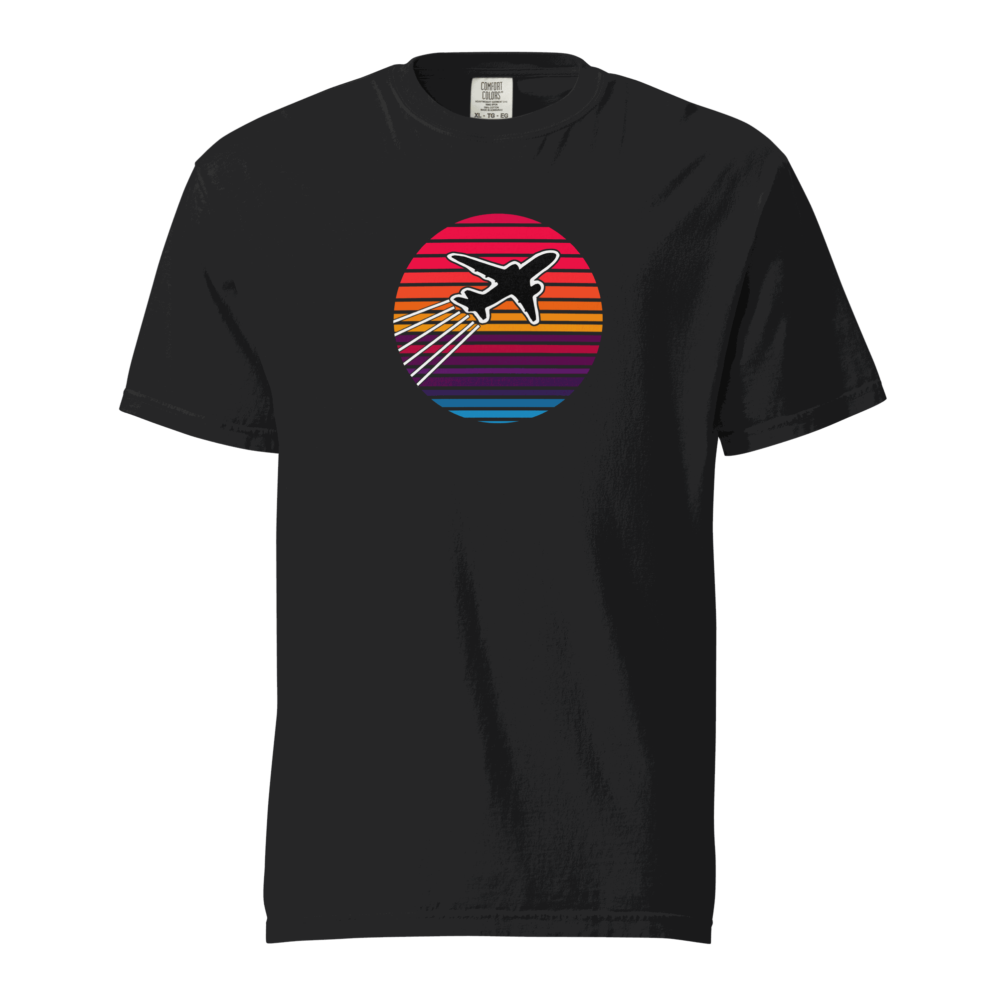 Unisex black Sunset Flight heavyweight cotton t-shirt with retro airplane and sunset stripe design