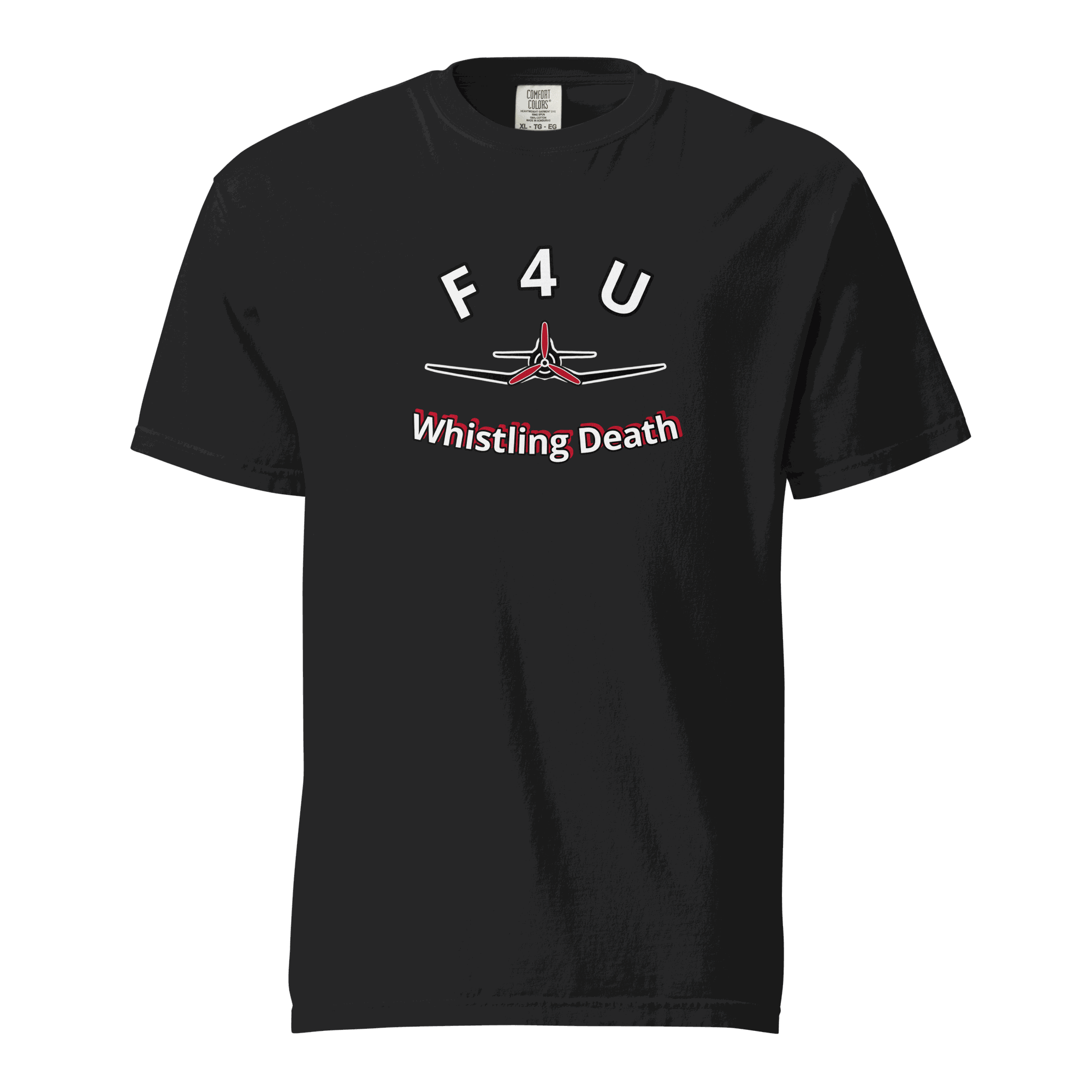 Black F4U Whistling Death heavyweight cotton tee with aircraft graphic and text for aviation fans
