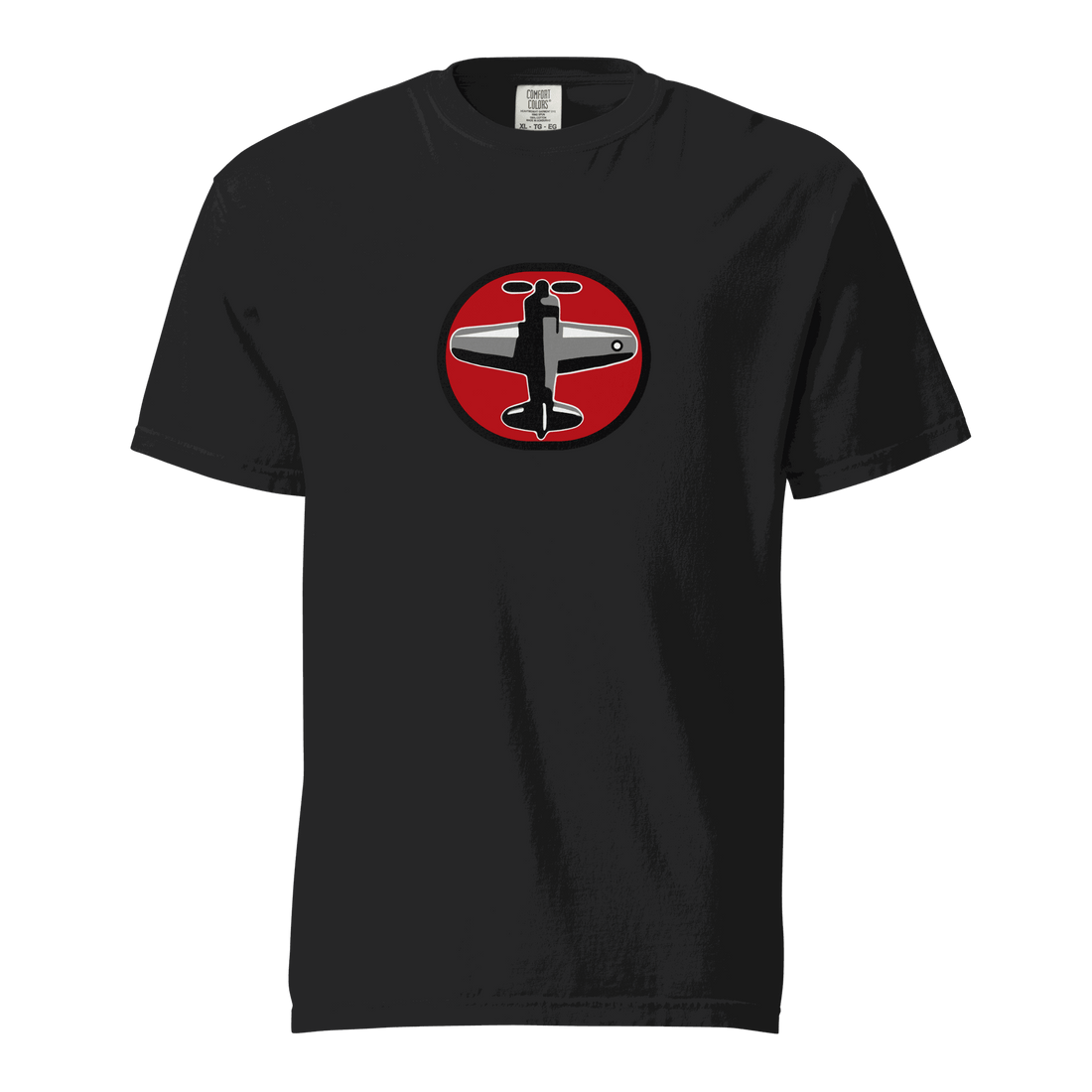 Prop 1 Unisex garment-dyed heavyweight black t-shirt with airplane graphic and relaxed fit made of 100% ring-spun cotton
