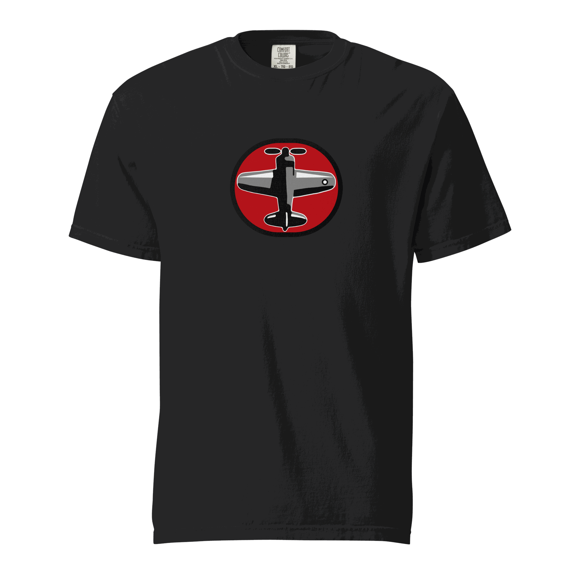 Prop 1 Unisex heavyweight black t-shirt with airplane graphic, 100% ring-spun cotton, relaxed fit