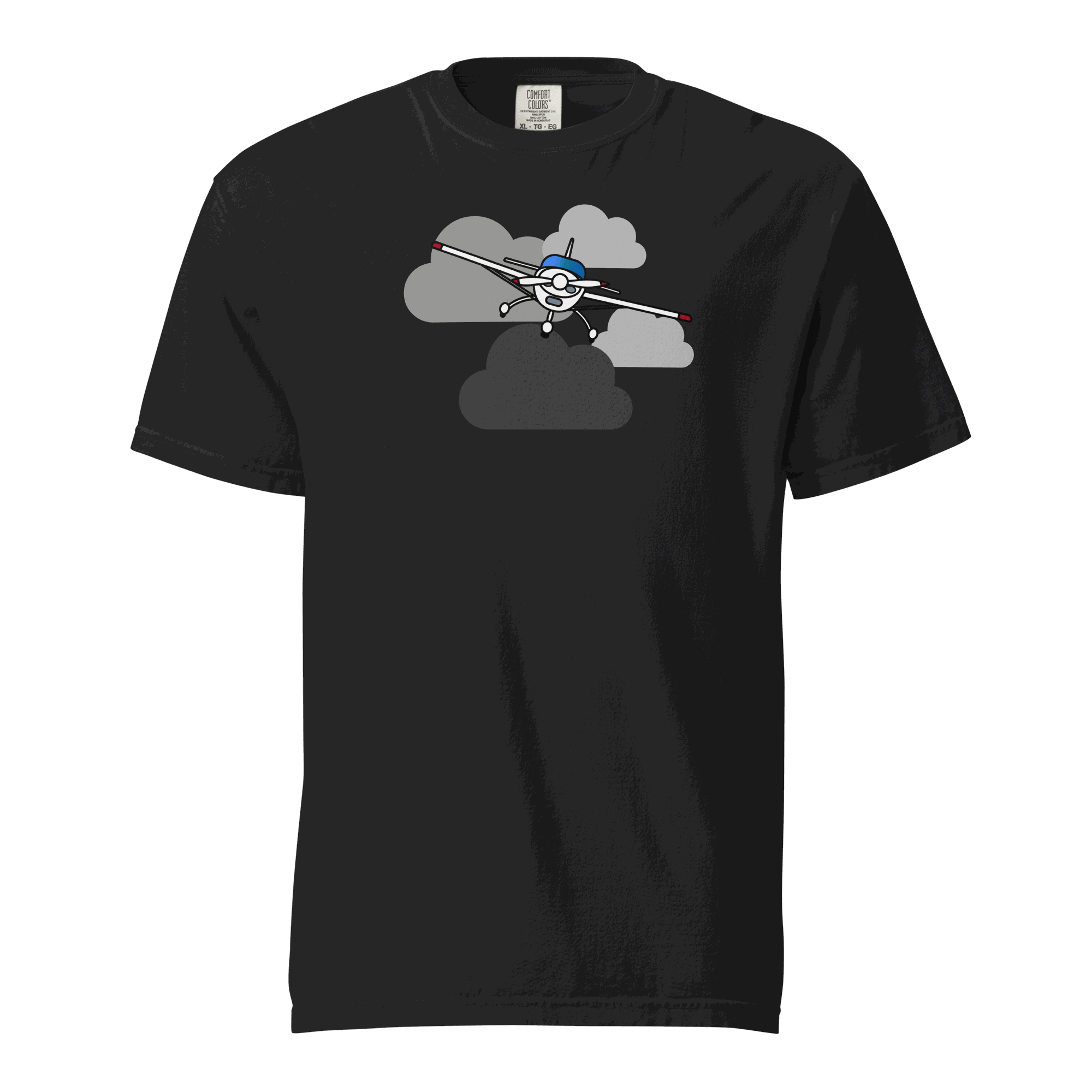Black unisex vintage airplane t-shirt with prop plane graphic flying through clouds on soft 100% cotton fabric