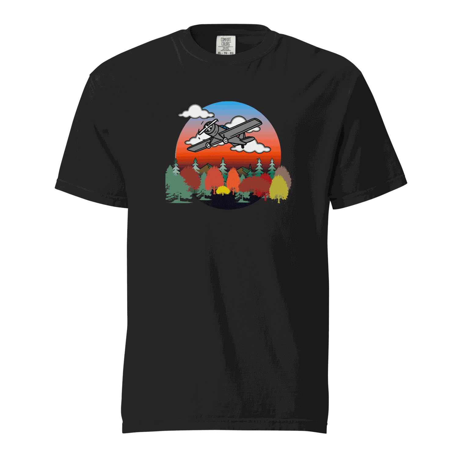 Black unisex plane t-shirt with fall forest and sunset design