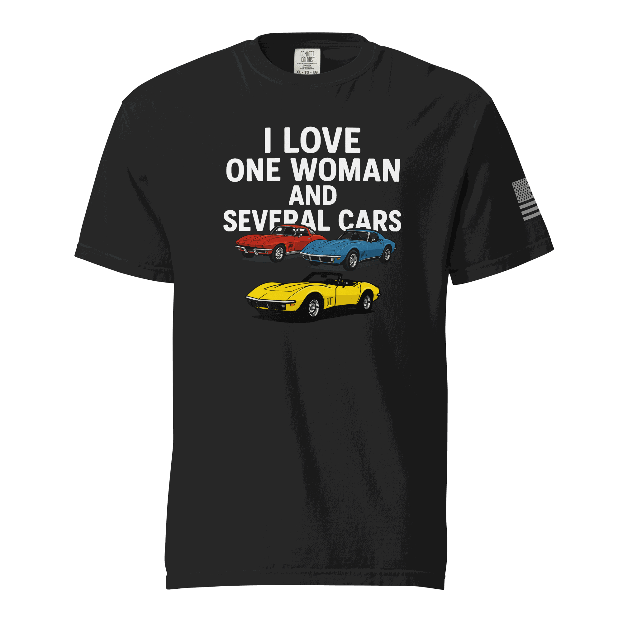 Black funny t-shirt with "I love one woman and several cars" text and three colorful sports cars printed on front