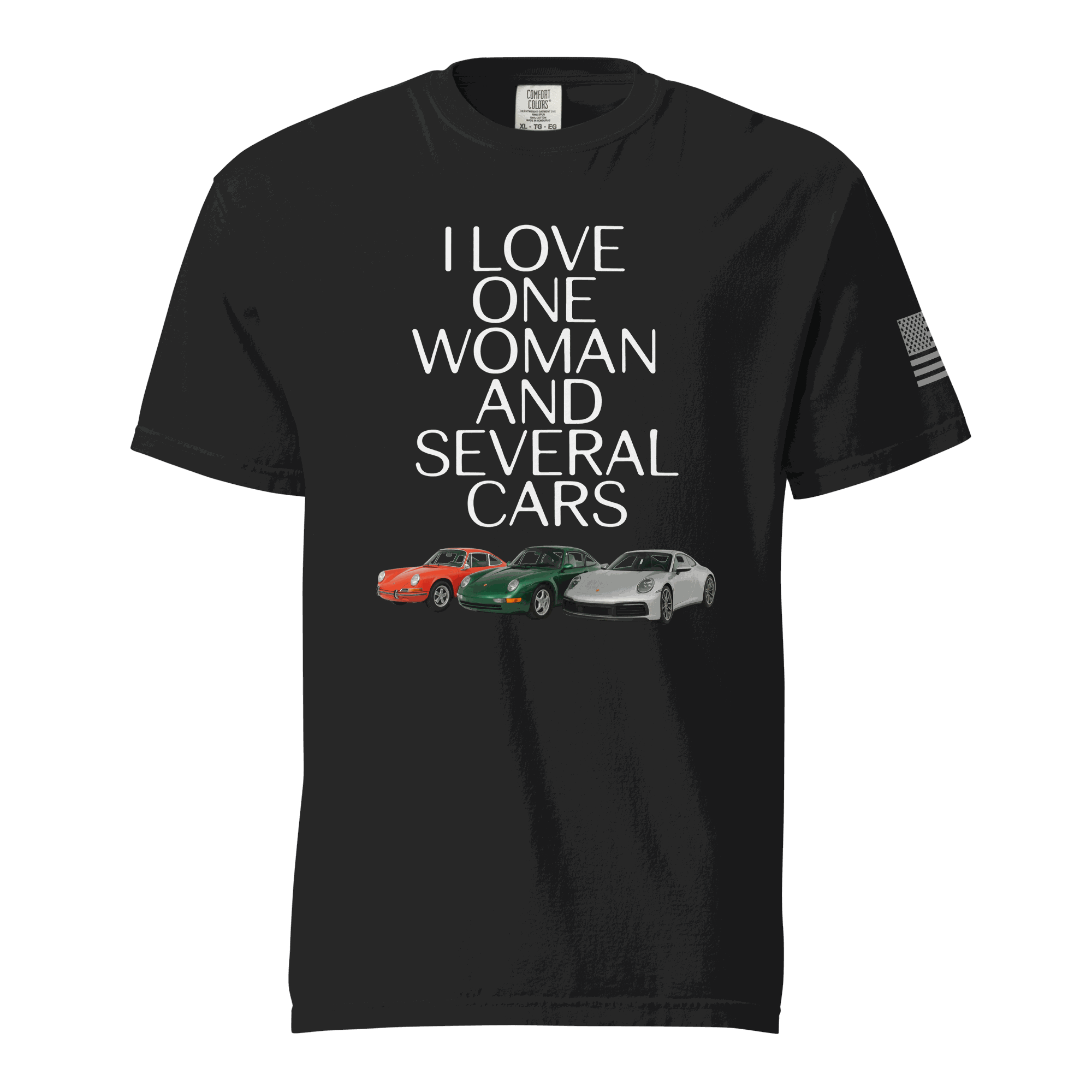 Black Love One Woman and Several Cars t-shirt with red, green, and white sports cars graphic, 100% ring-spun cotton, breathable heavyweight fabric.