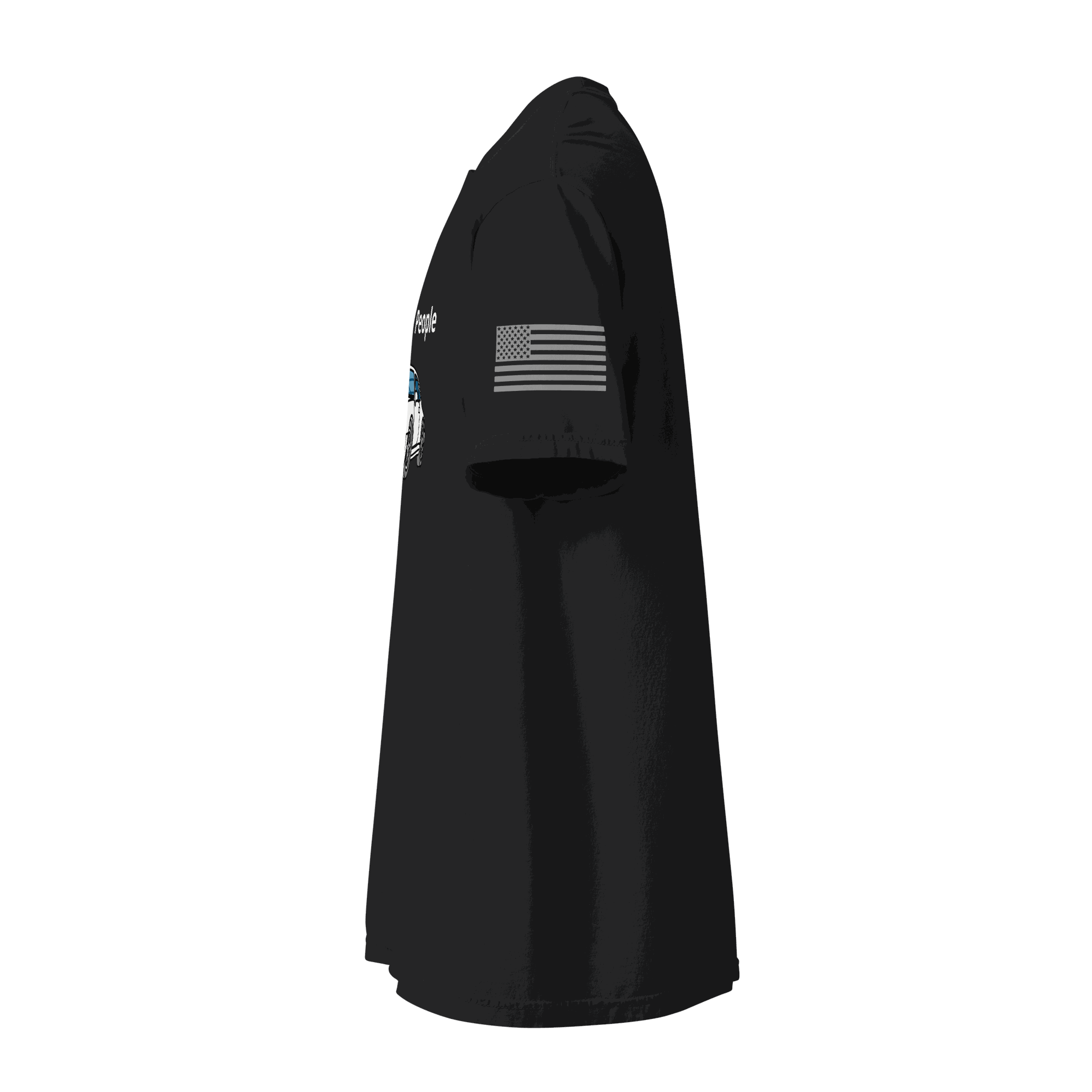 Black unisex Car T-shirt with American flag sleeve patch and bold graphic print
