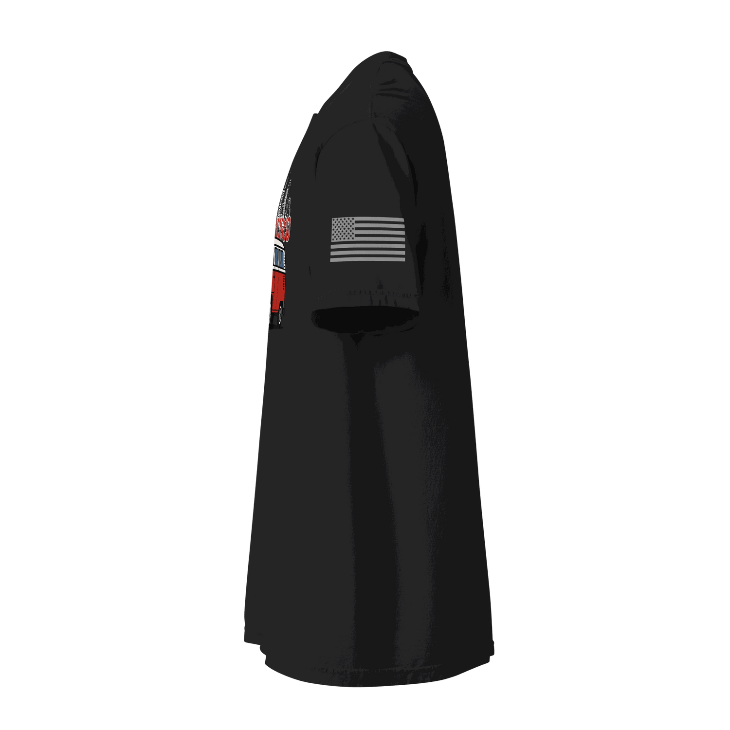 Side view of black Vintage San Francisco Classic Cruiser T-shirt with American flag on sleeve and retro car design on front