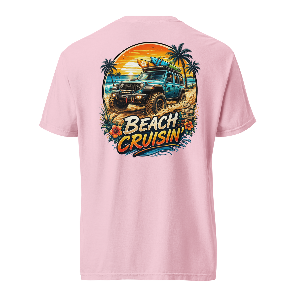 Unisex beach cruisin t-shirt featuring a colorful beach scene with a vehicle and surfboards on the back.