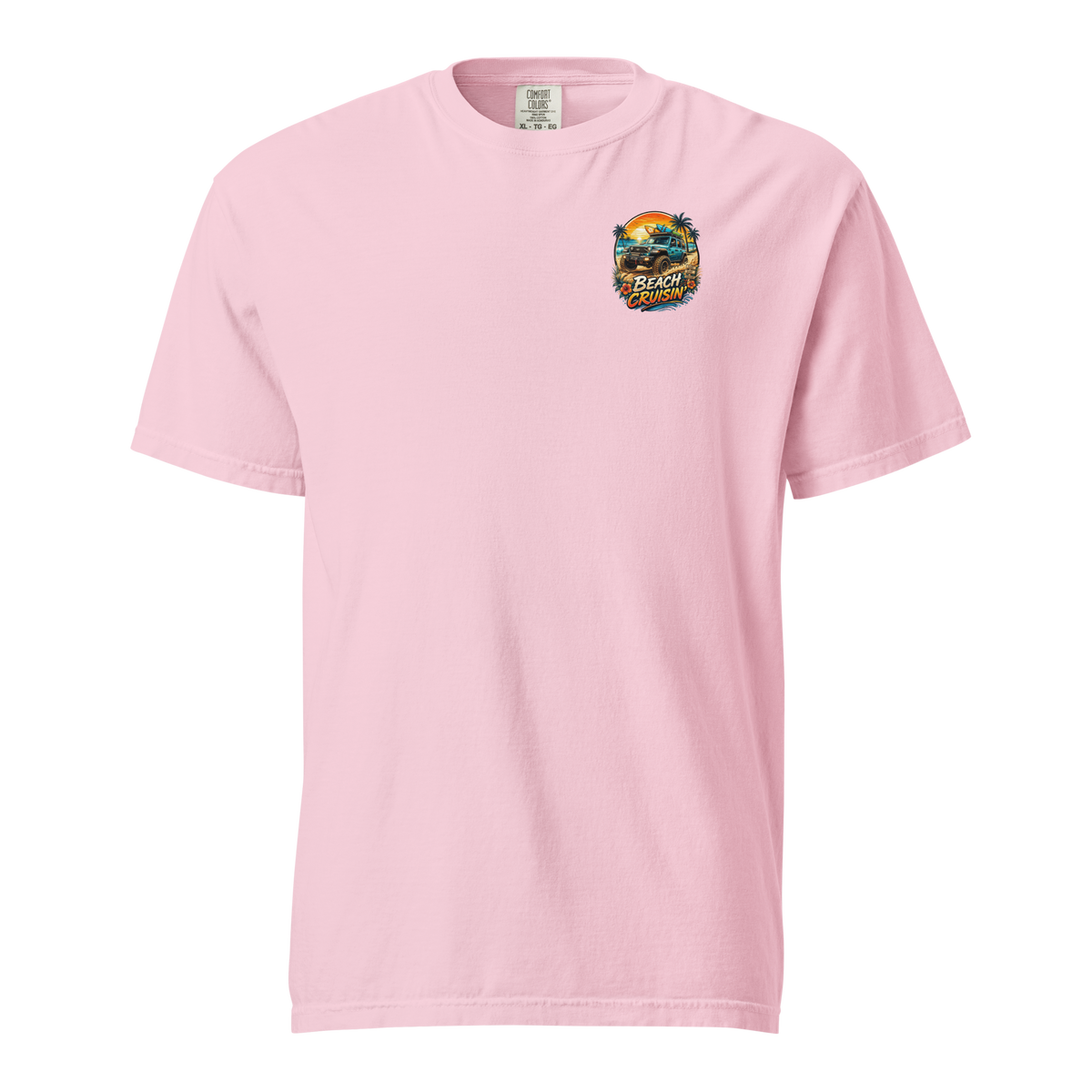 Unisex beach cruisin t-shirt in pink featuring a colorful beach graphic on the chest.