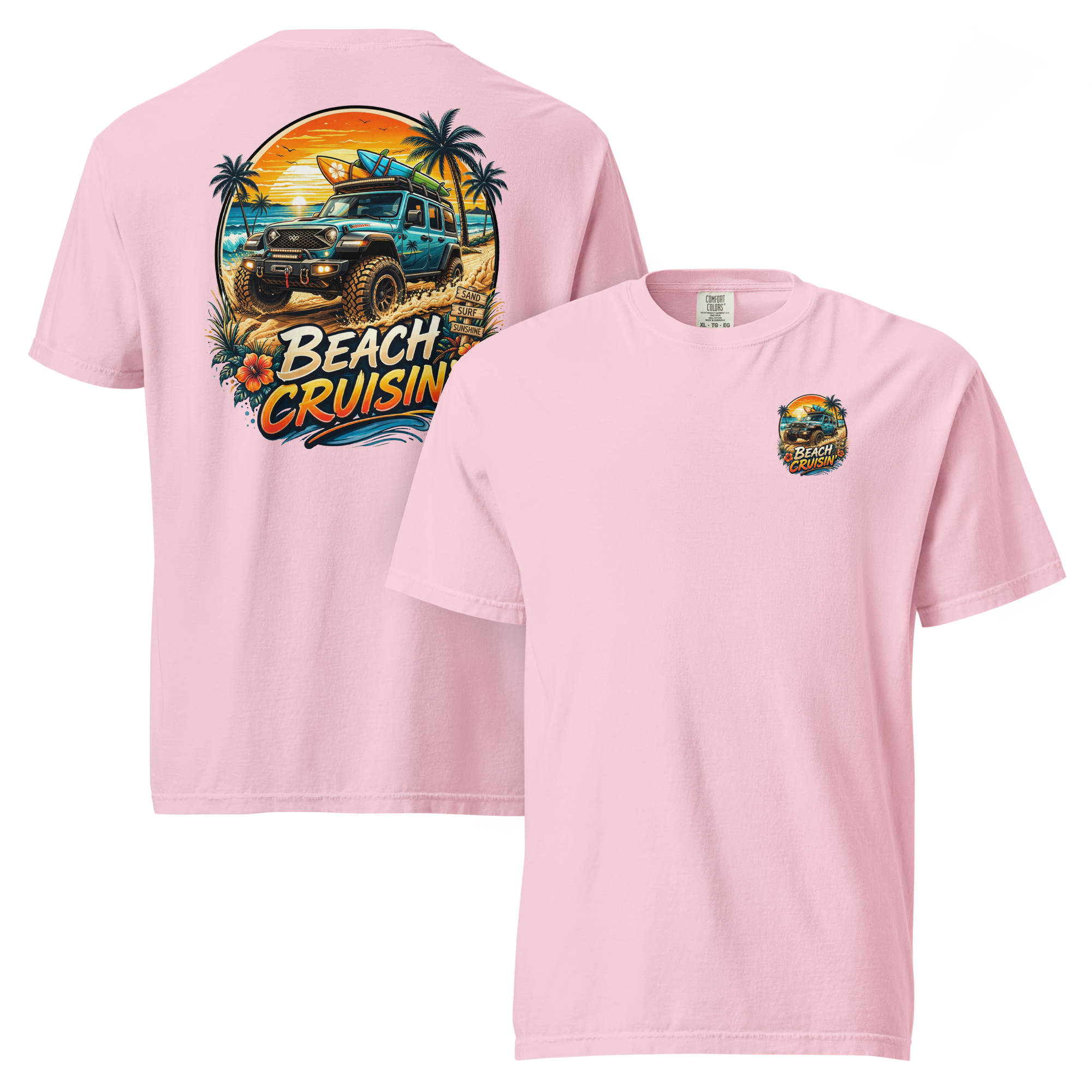 Unisex beach cruisin t-shirt in pink featuring graphic design of a beach scene and off-road vehicle.