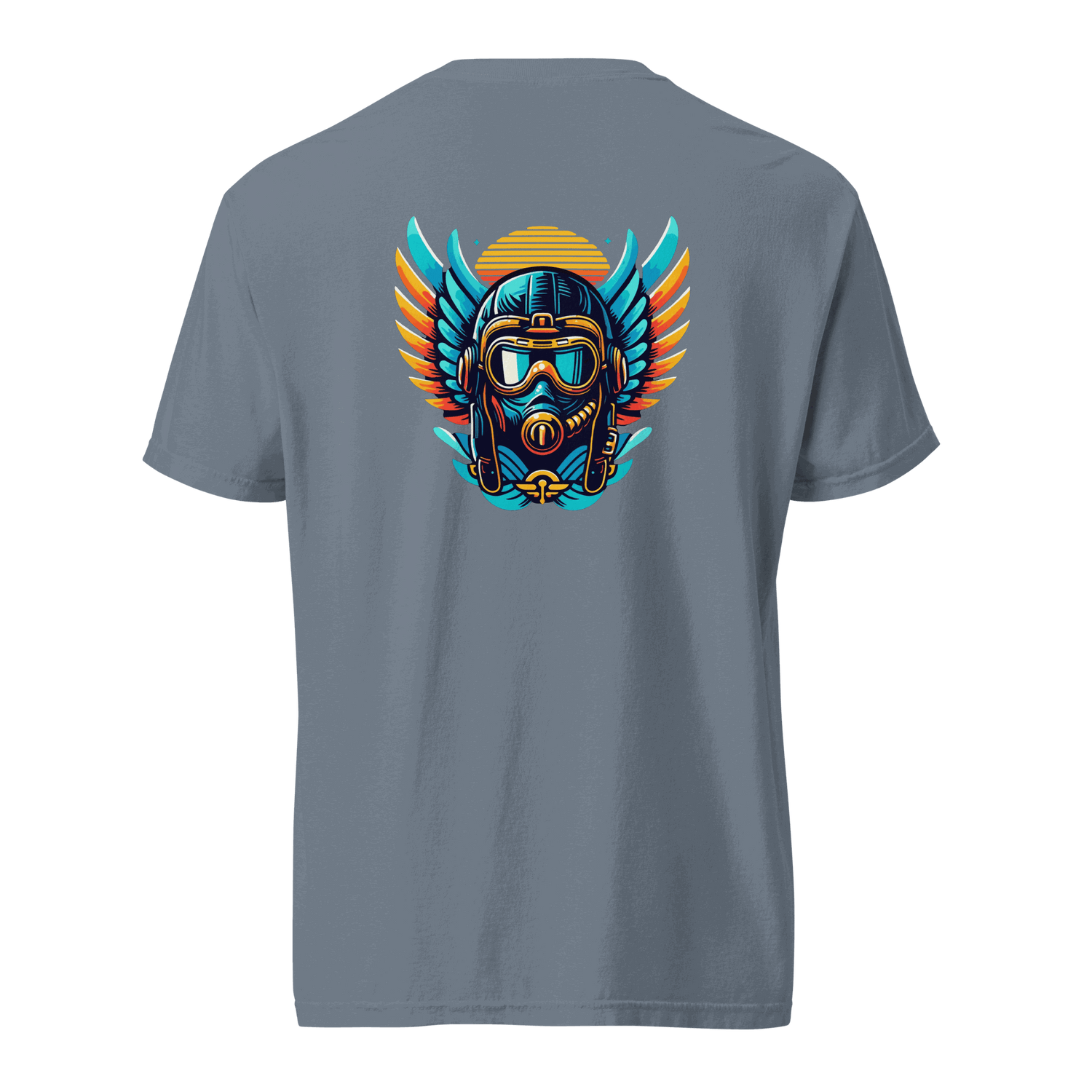 Blue and orange flight helmet graphic on the back of a grey unisex heavyweight cotton t-shirt