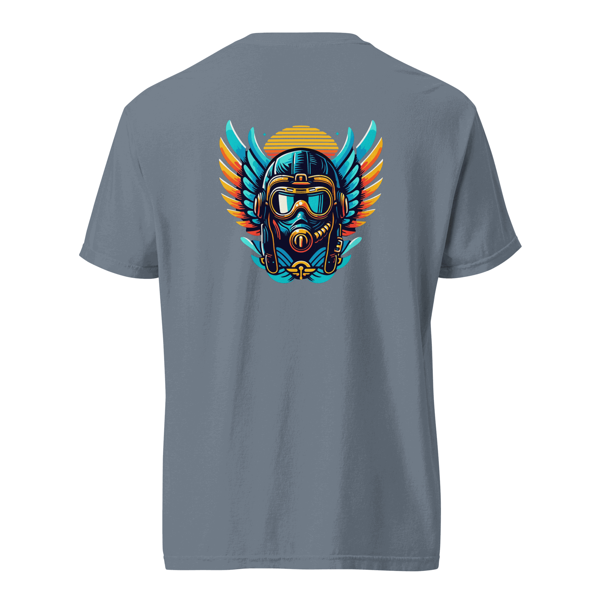 Blue Flight Airplane T-Shirt with orange and blue flight helmet wing design on back
