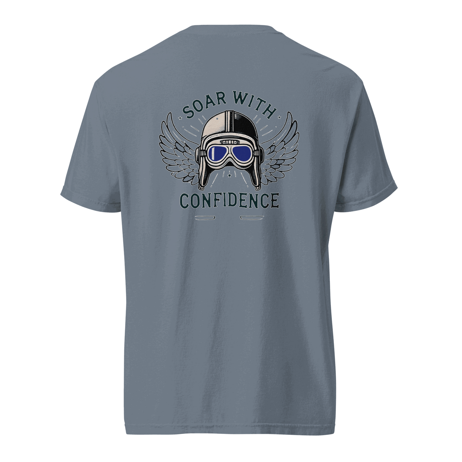 Blue Flying Machine t shirt with vintage pilot helmet and goggles graphic and "Soar With Confidence" text on back
