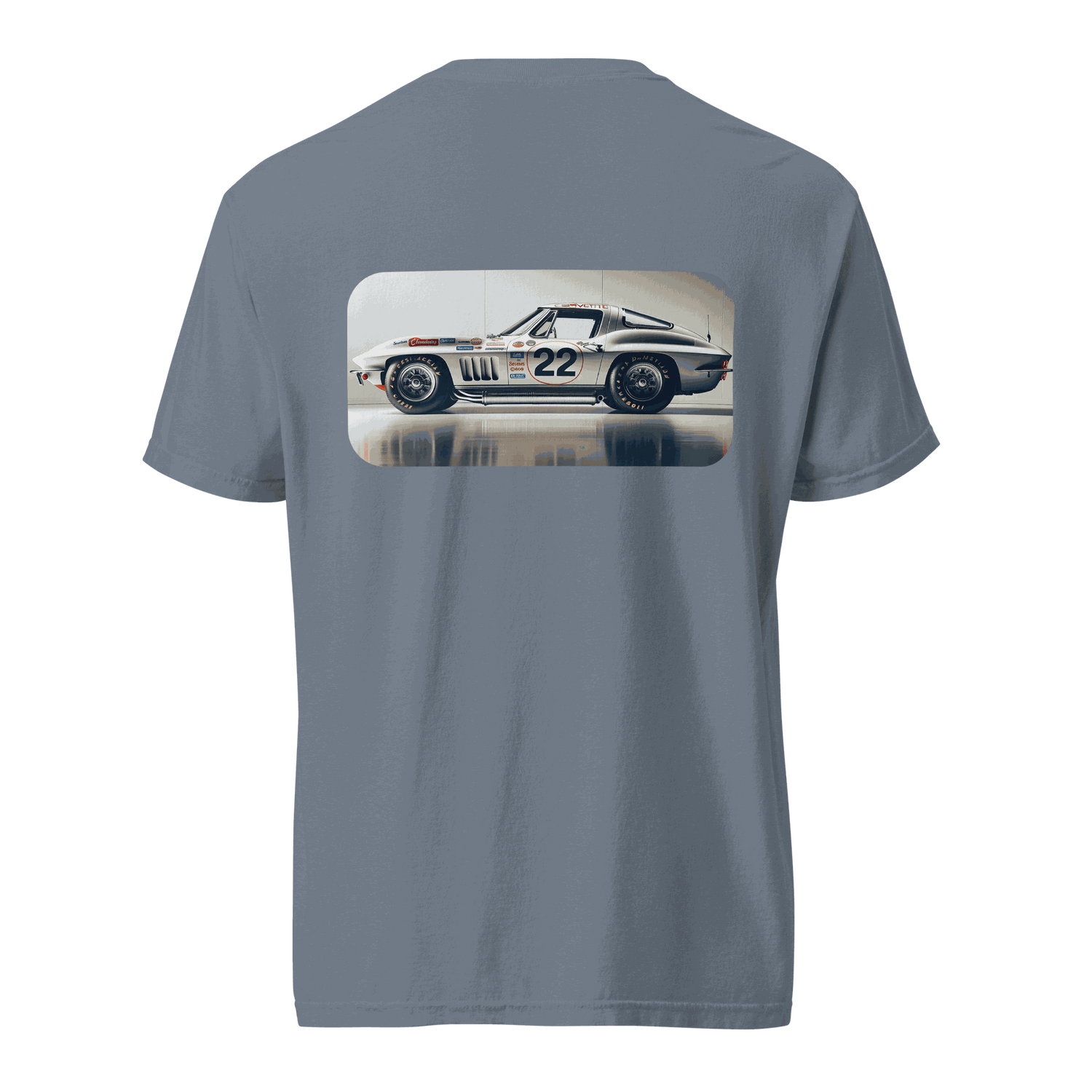 Heritage Classic Car t-shirt with vintage race car graphic on back in blue cotton fabric