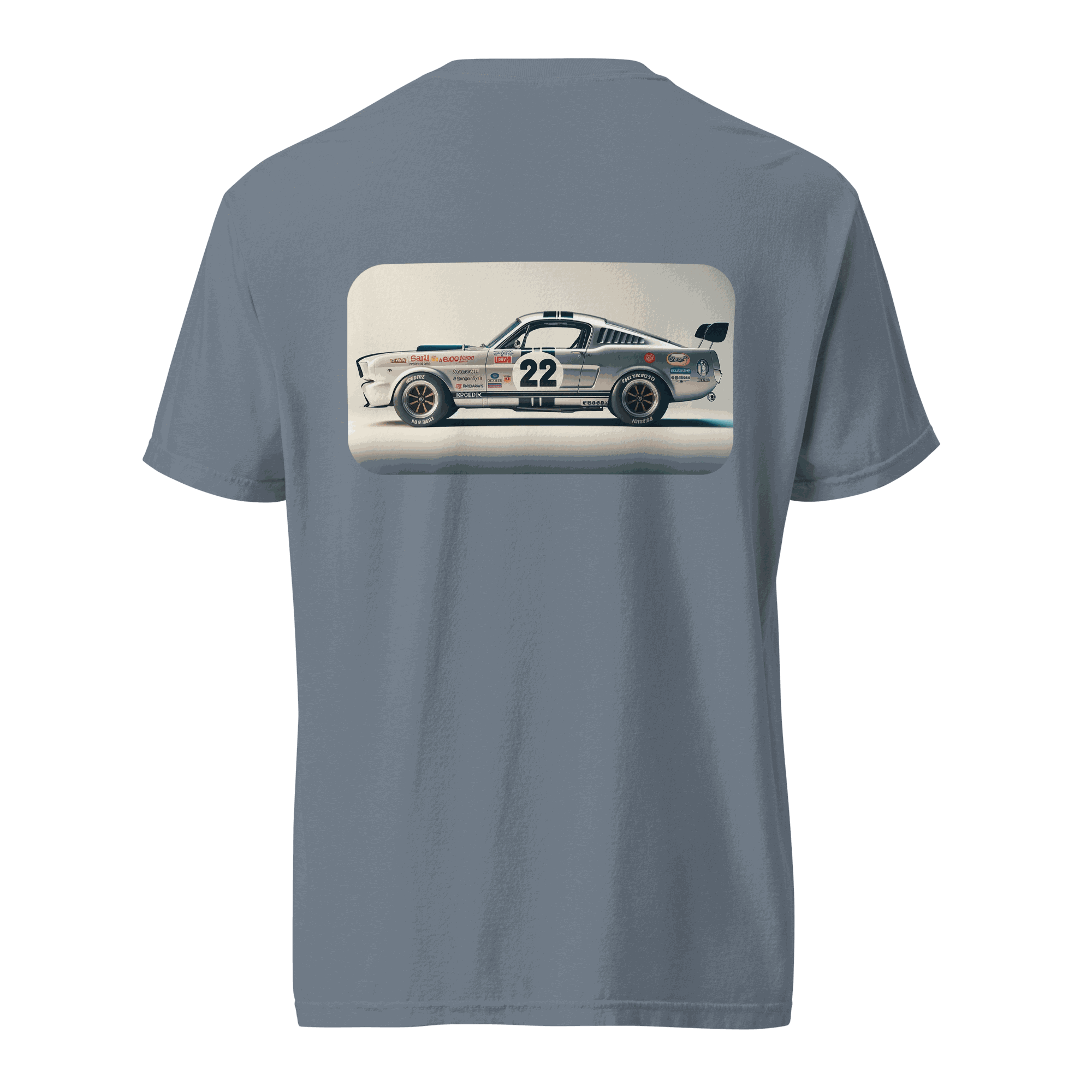 Heritage Mustang Back T-shirt with vintage race car graphic on grey cotton fabric