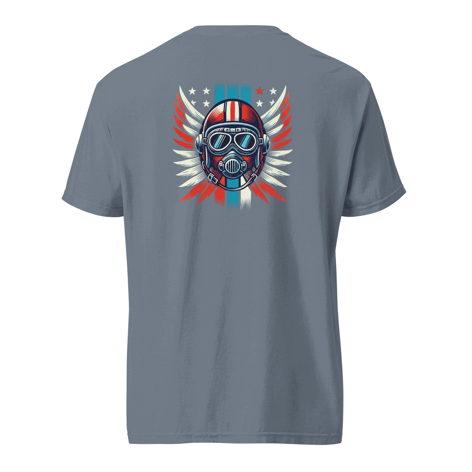 Back view of gray t-shirt with red white blue helmet graphic and wings design