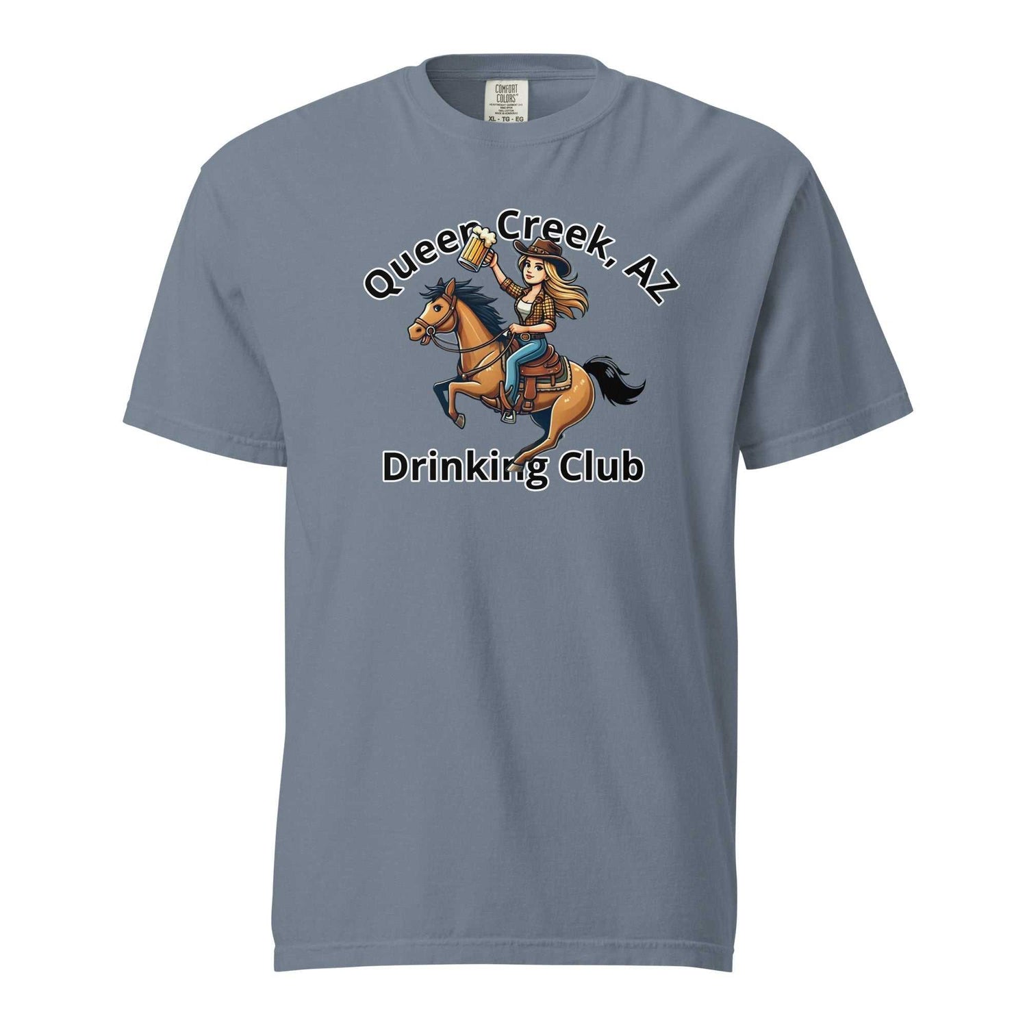 Queen Creek AZ Cowgirl Drinking Club unisex heavyweight cotton T-shirt with horse rider graphic