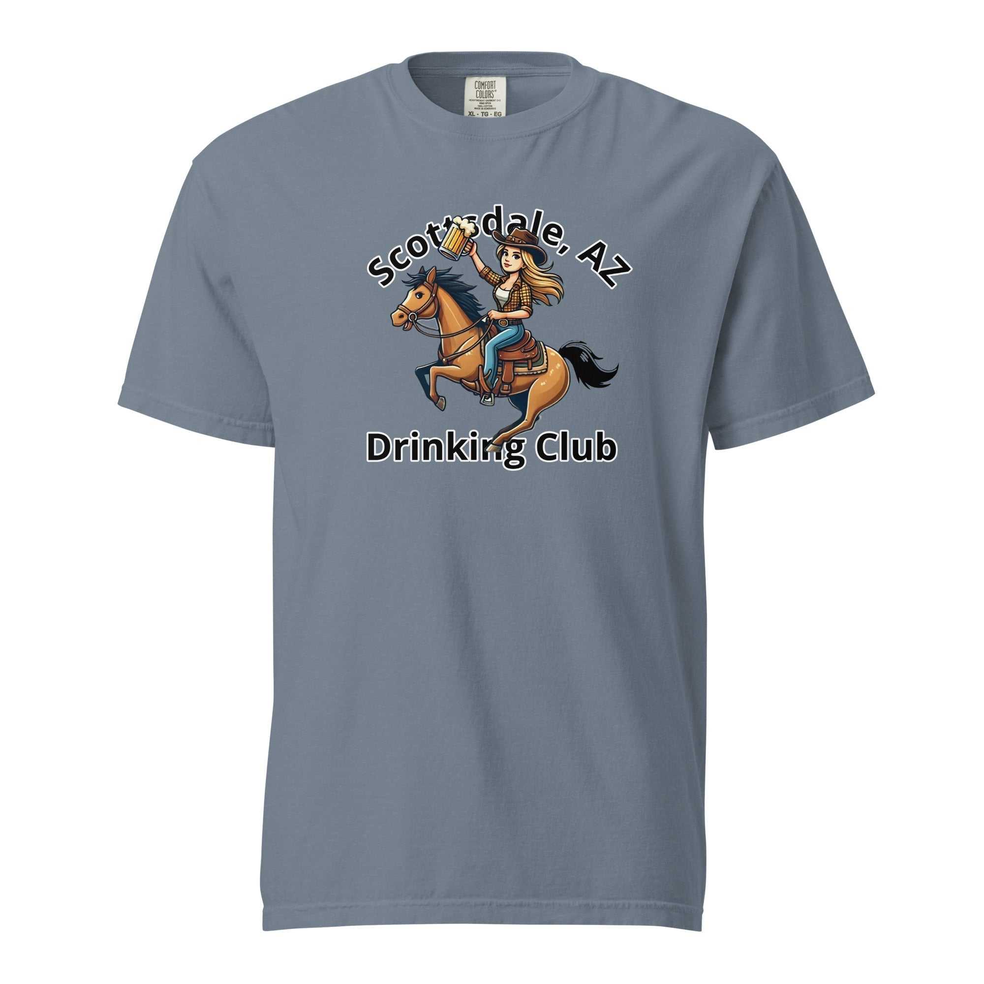 Scottsdale Cowgirl Horse Beer unisex heavyweight t-shirt with graphic of cowgirl on horse holding beer in blue