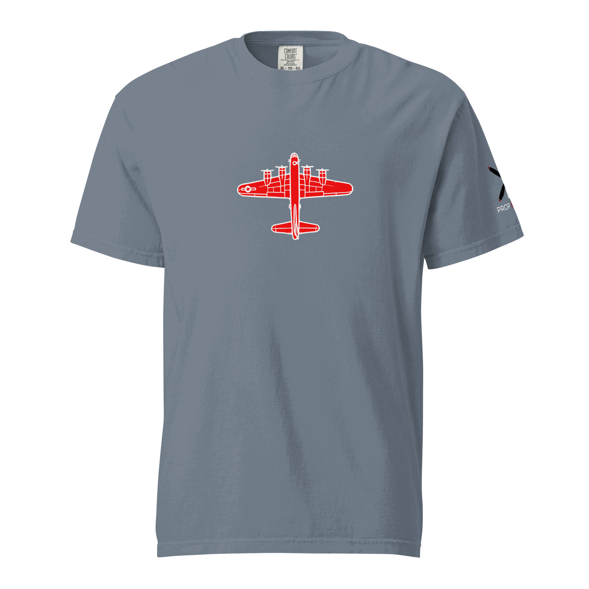 WW2 T-shirt Bomber with red bomber plane graphic on gray heavy cotton fabric