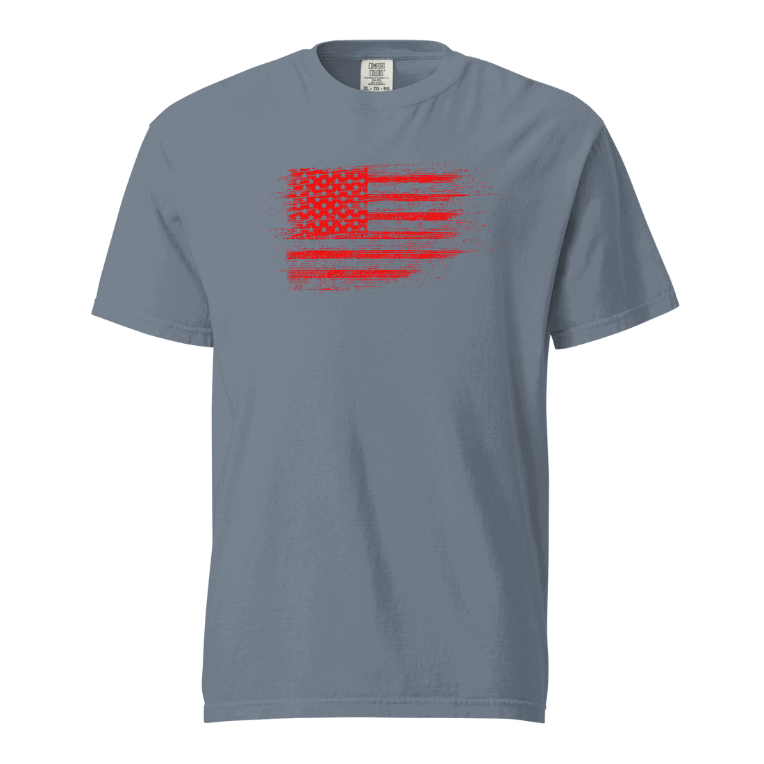 Unisex heavyweight t-shirt with distressed USA flag graphic on front, made of 100% ring-spun cotton
