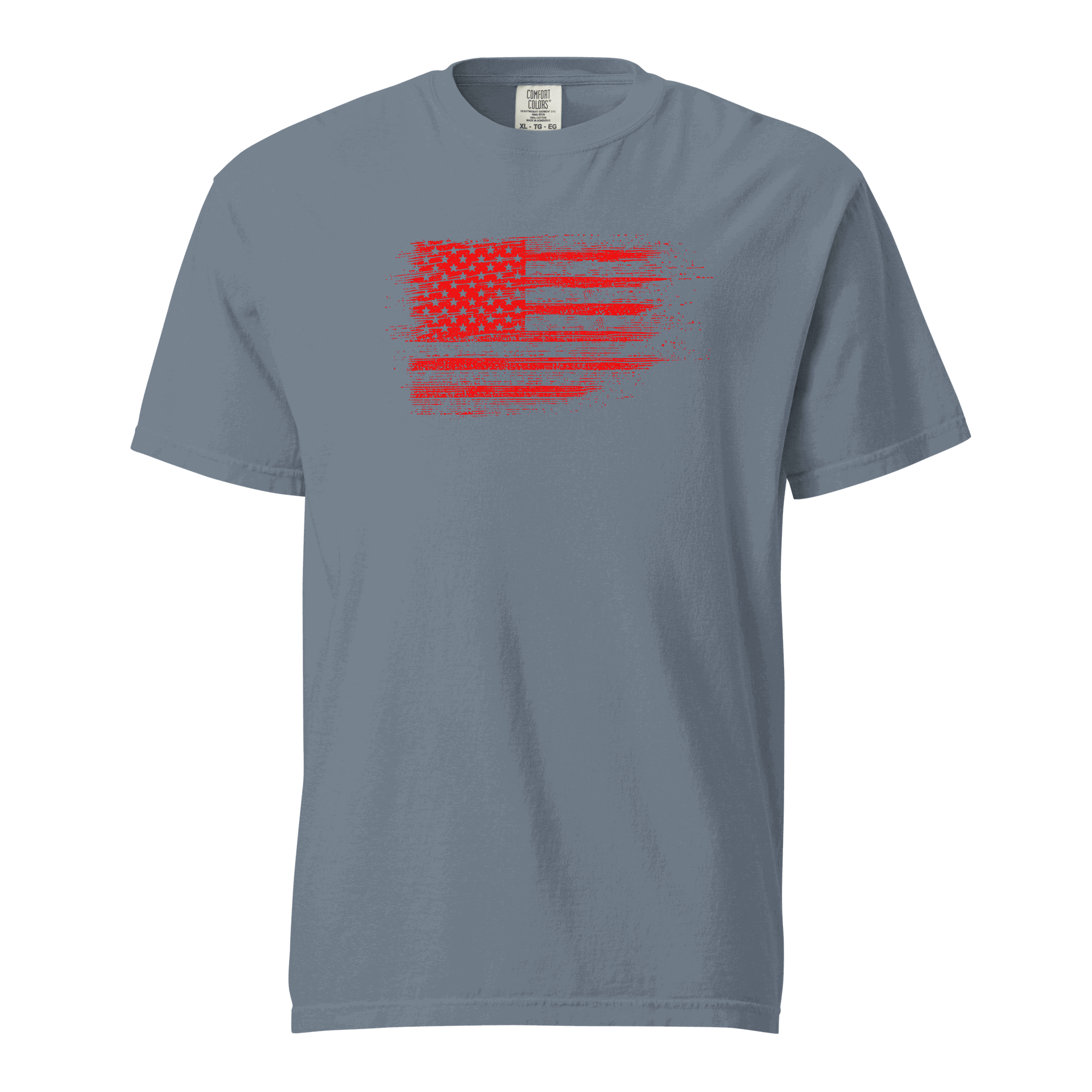 Unisex heavyweight t-shirt with distressed USA flag graphic on front, made of 100% ring-spun cotton