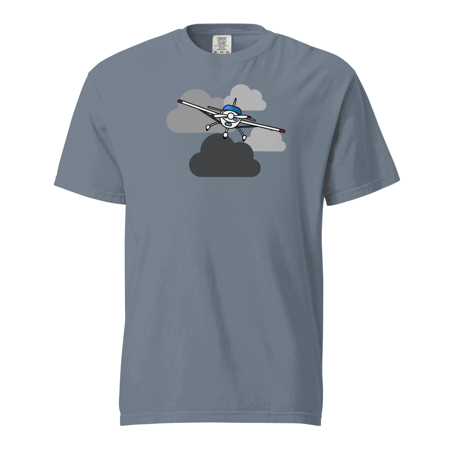 Vintage Airplane T-Shirt featuring a prop plane flying through clouds on a soft, breathable, garment-dyed unisex tee