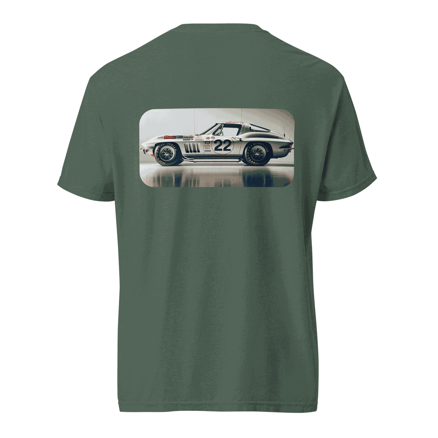 Heritage Classic Car t-shirt with vintage car print on back, 100% cotton, relaxed fit, garment-dyed design