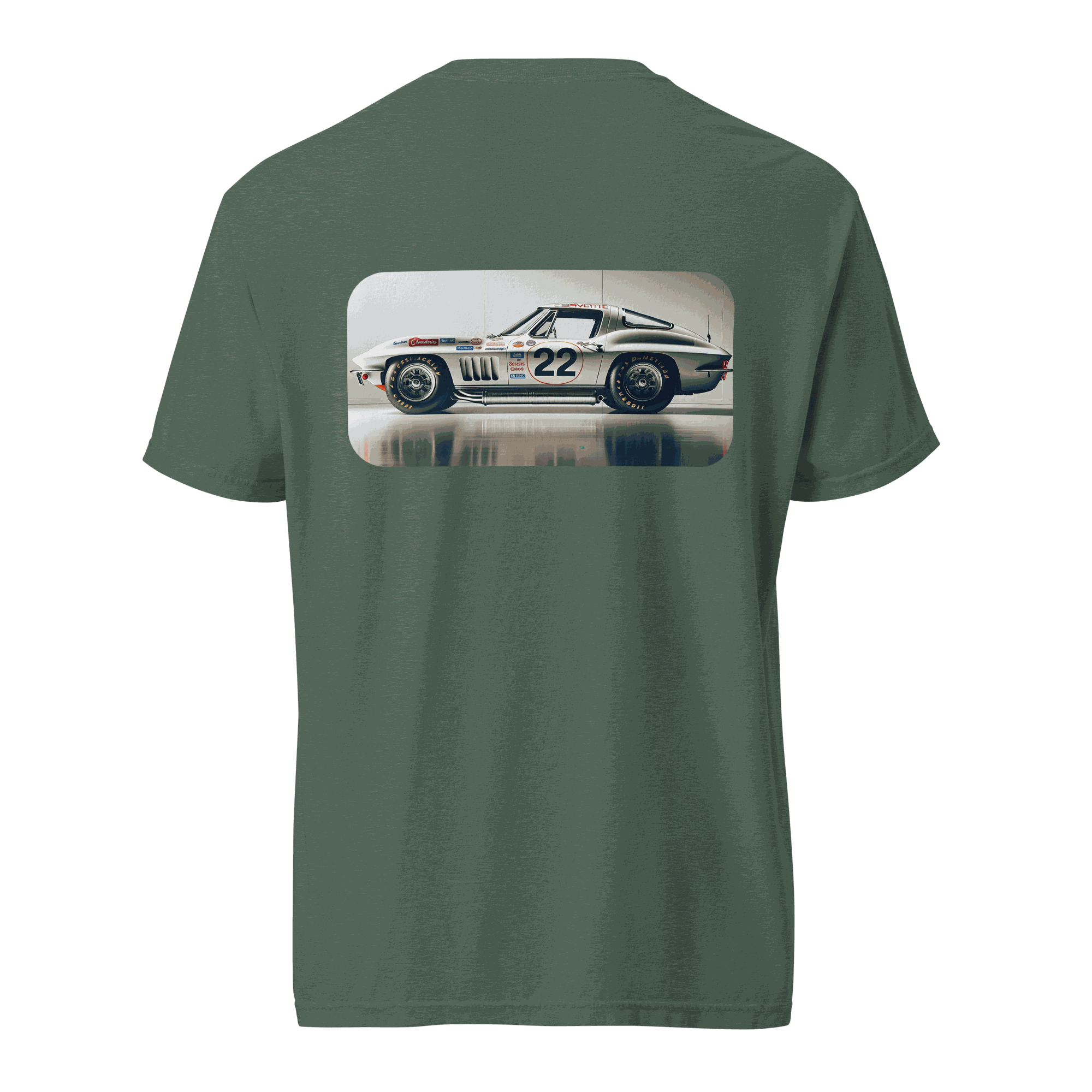 Unisex Heritage Classic Car t-shirt with vintage race car graphic on back, 100% ring-spun cotton, relaxed fit, forest green color
