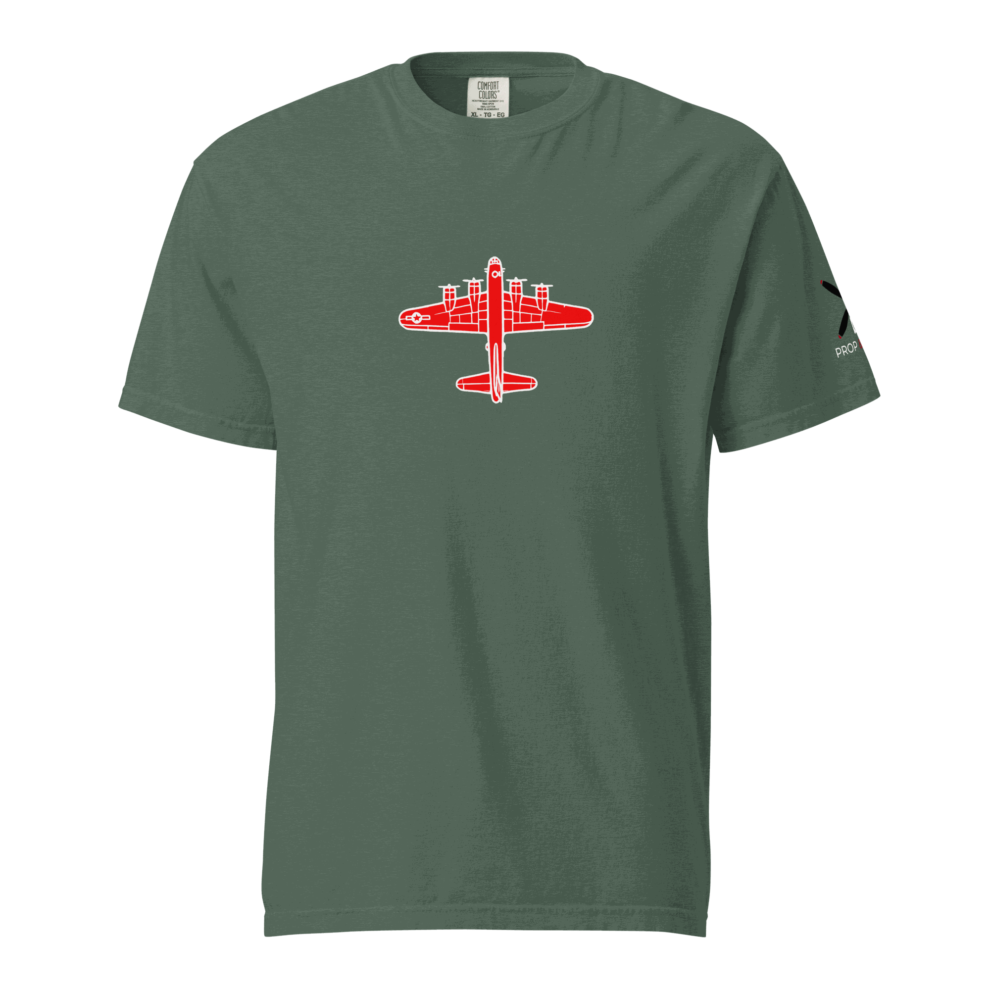 WW2 T-shirt Bomber with red airplane graphic on olive green heavyweight cotton tee