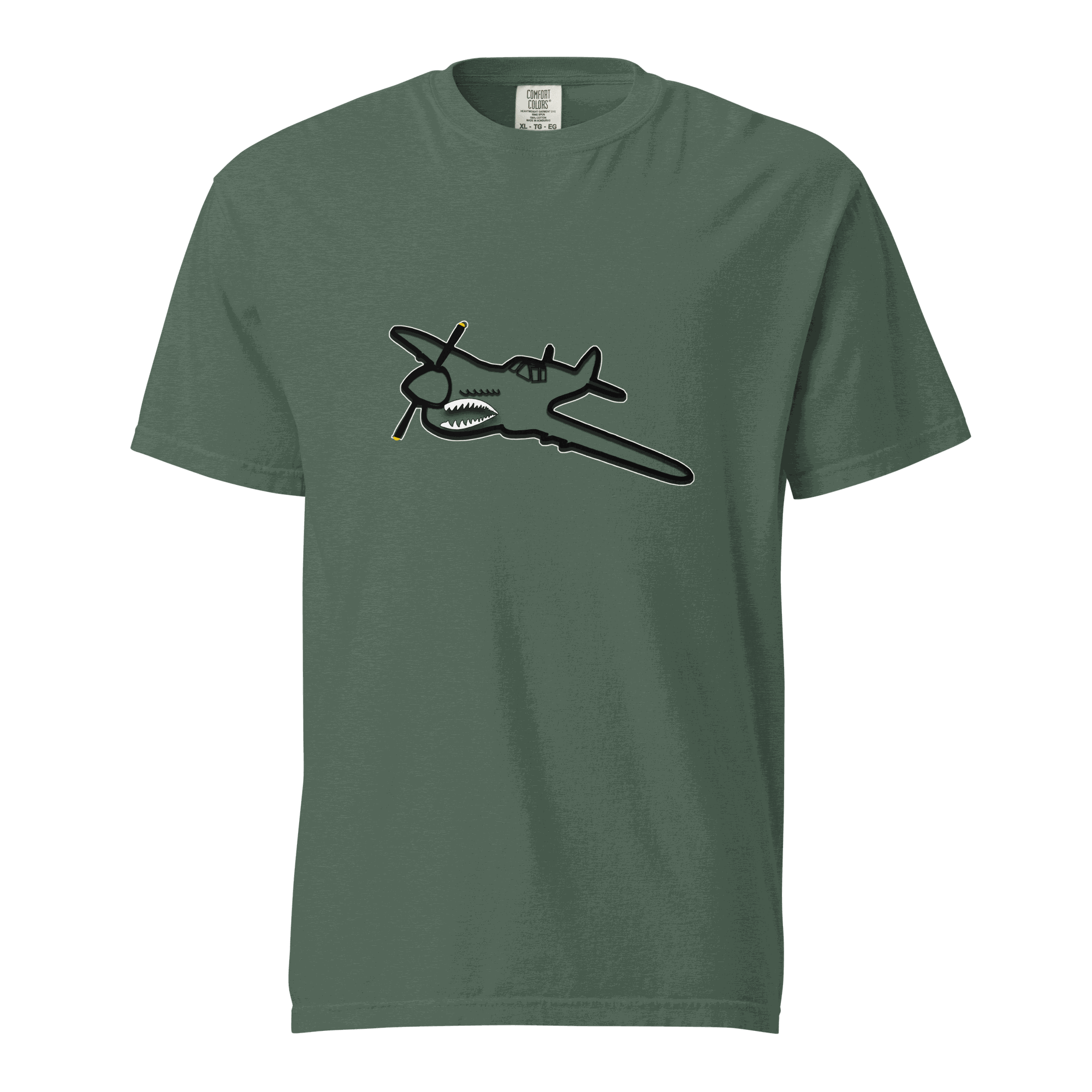 Fighter SP unisex heavyweight garment-dyed green t-shirt with vintage airplane graphic, 100% ring-spun cotton, relaxed fit