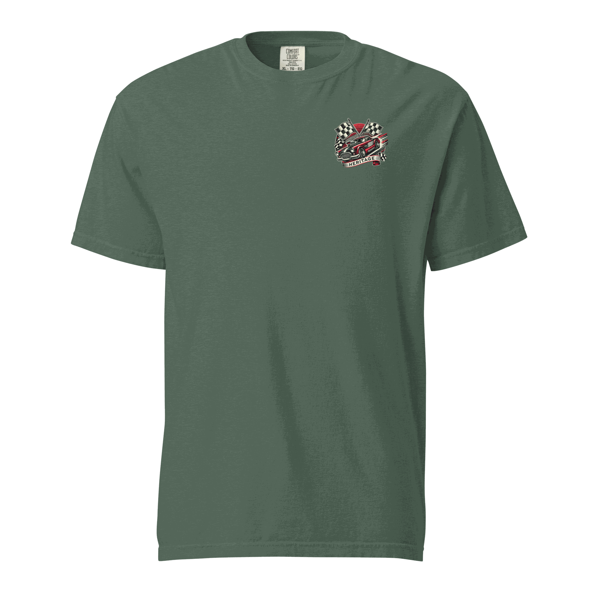 Heritage Classic Car unisex green heavyweight cotton t-shirt with vintage car and checkered flag design