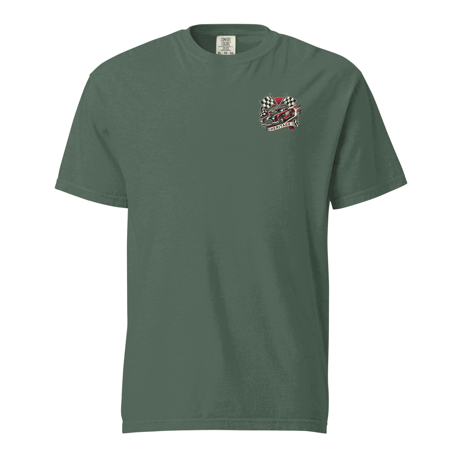 Heritage Mustang Back green unisex heavyweight cotton t-shirt with front racing flag and car design