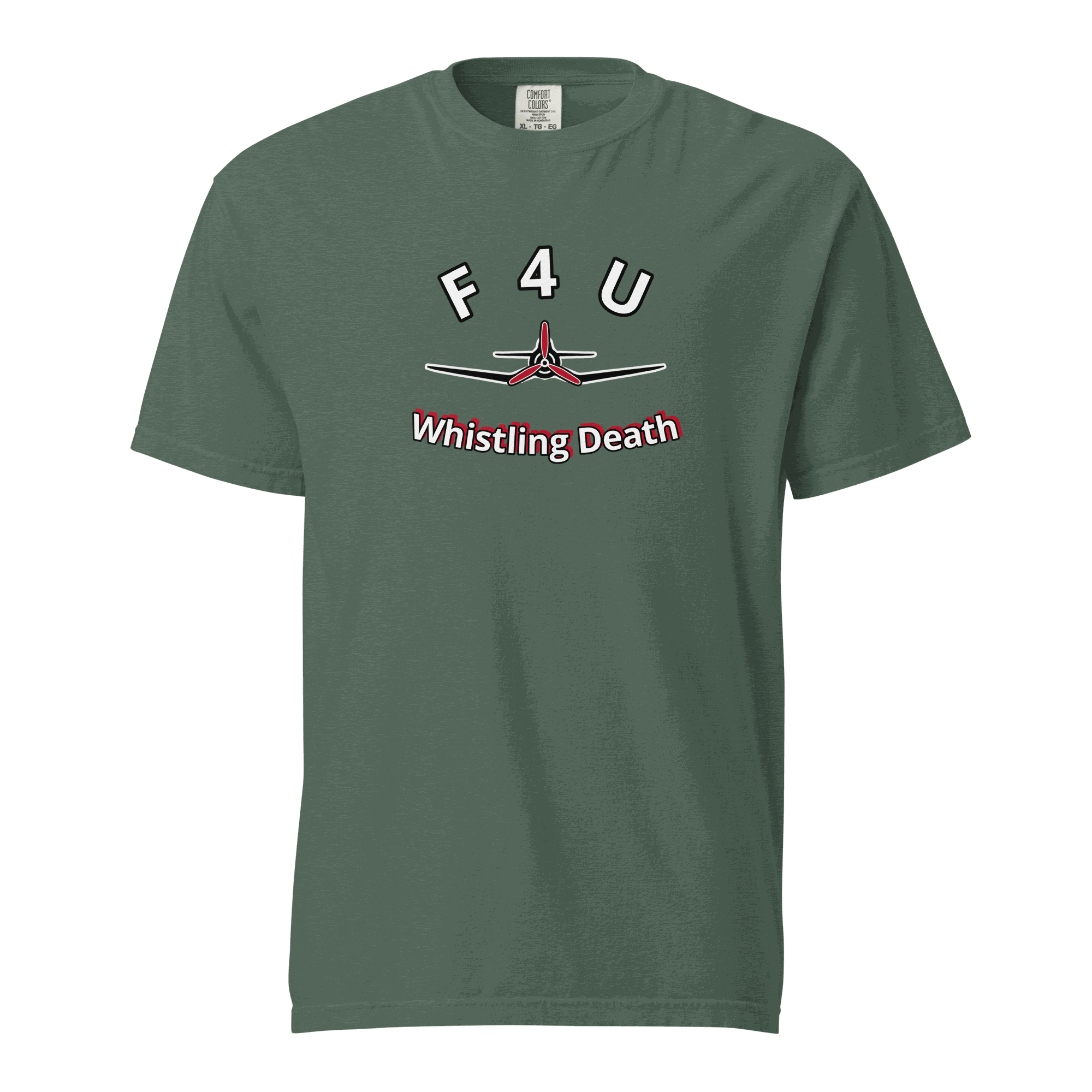 F4U Whistling Death Heavyweight Tee featuring iconic WWII fighter plane design for aviation fans