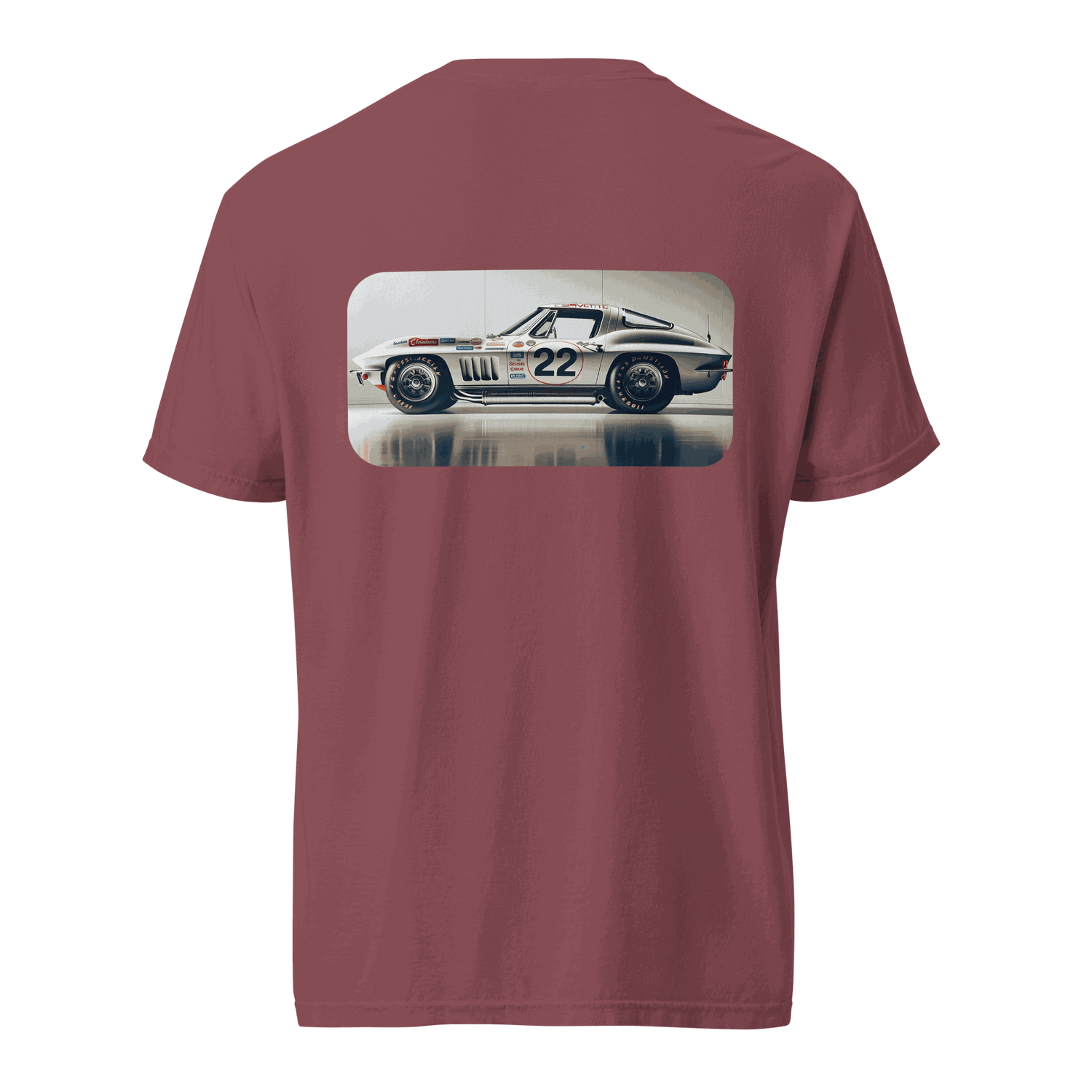 Maroon Heritage Classic Car t-shirt with vintage racing car graphic on the back, made of 100% ring-spun cotton