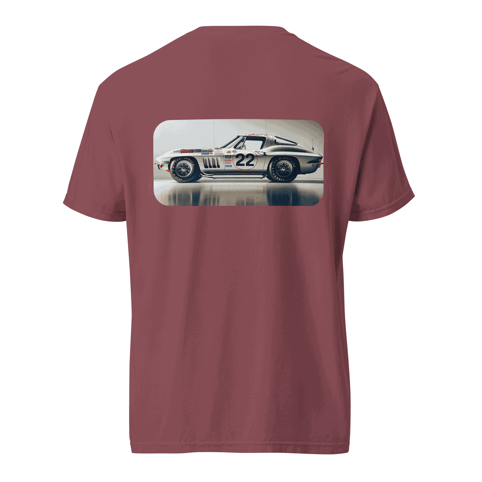 Maroon Heritage Classic Car tee shirt with white vintage race car graphic on back